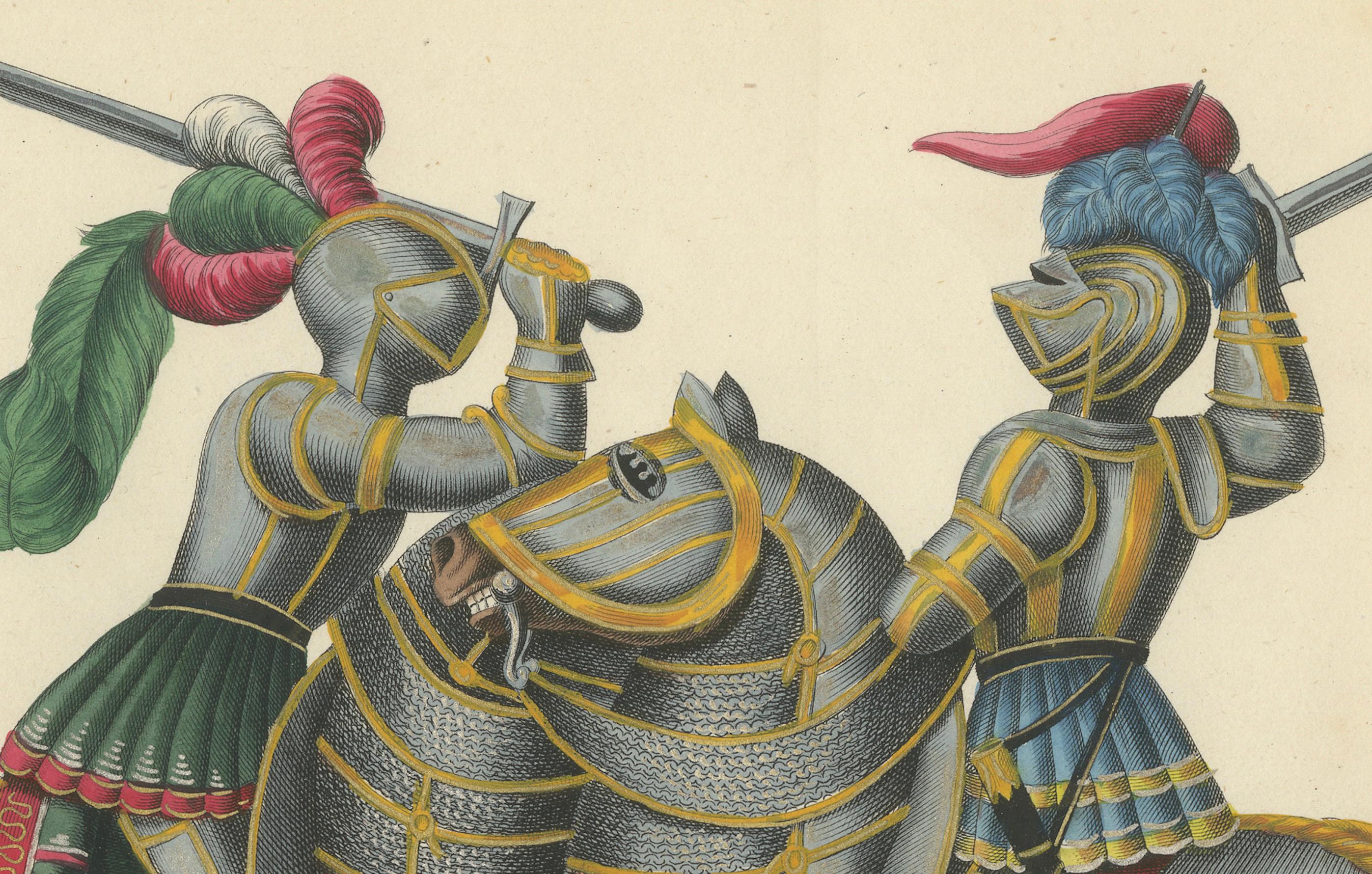 Handkolorierter Druck von getränkten Rittern in Close-Combat Horseback Duel mit Wappen, 1842 (Mittleres 19. Jahrhundert) im Angebot