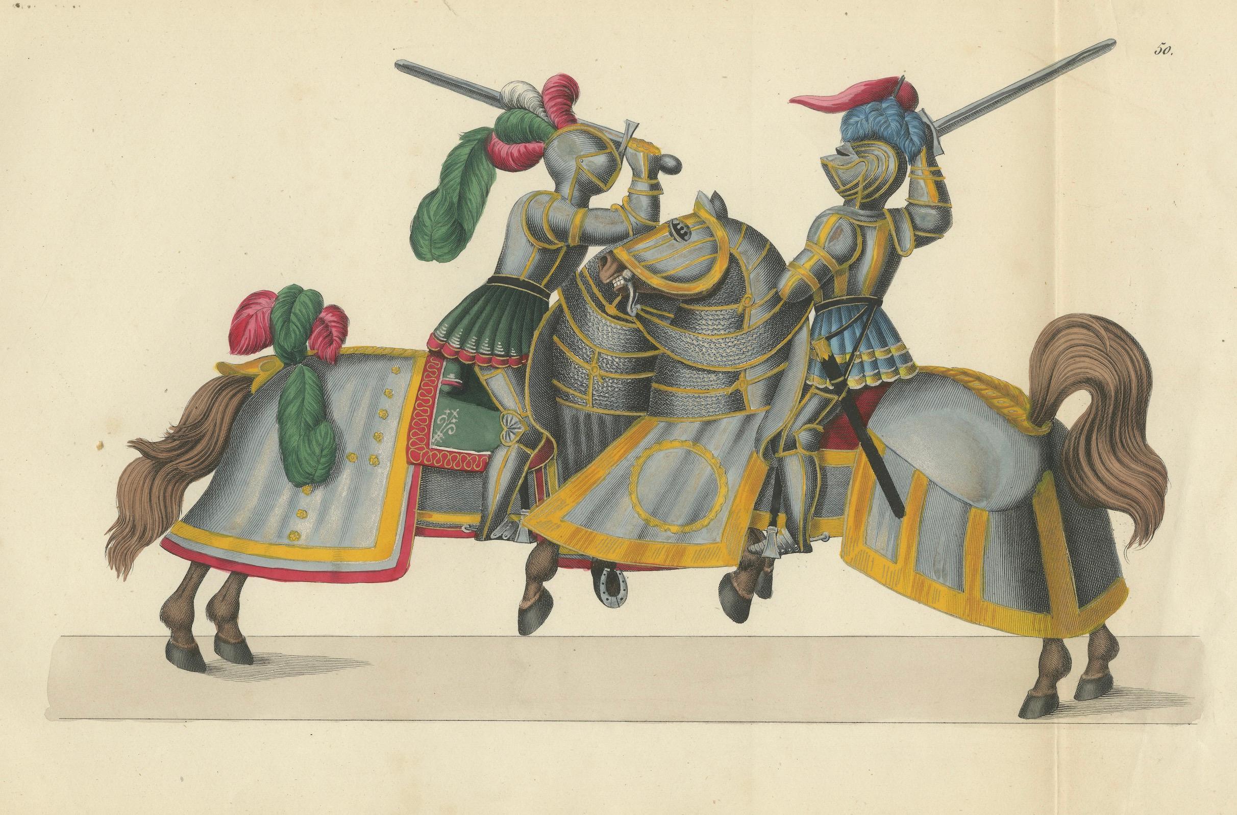 Handkolorierter Druck von getränkten Rittern in Close-Combat Horseback Duel mit Wappen, 1842 (Papier) im Angebot