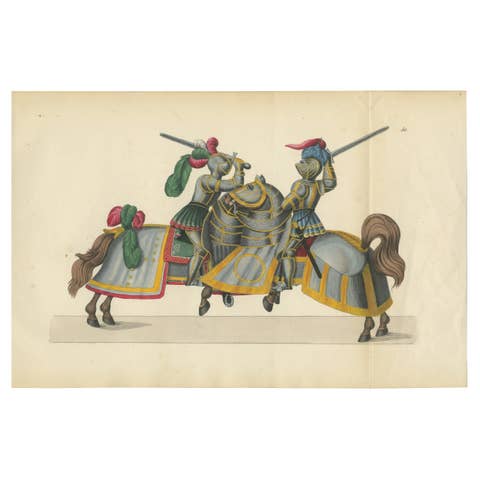 Hand-Coloured Print of Armoured Knights in Close-Combat Horseback Duel, 1842