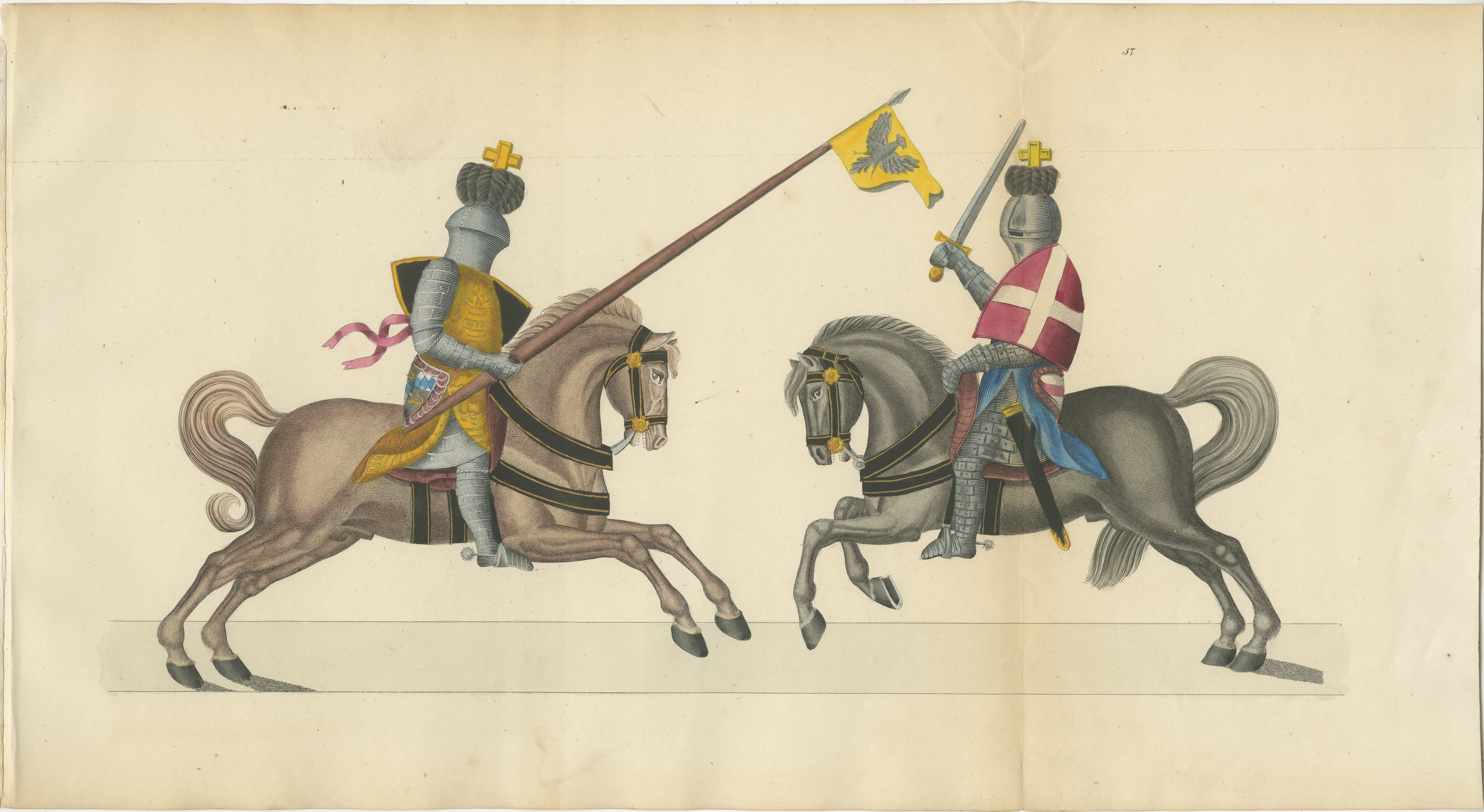 Handkolorierter Druck aus dem 19. Jahrhundert von Rittern mit Wappenbanner im Reiterkampf
 
Diese originale, handkolorierte Lithografie aus dem Jahr 1842 fängt das Spektakel und die Symbolik einer ritterlichen Begegnung wunderbar ein. Es wurde als