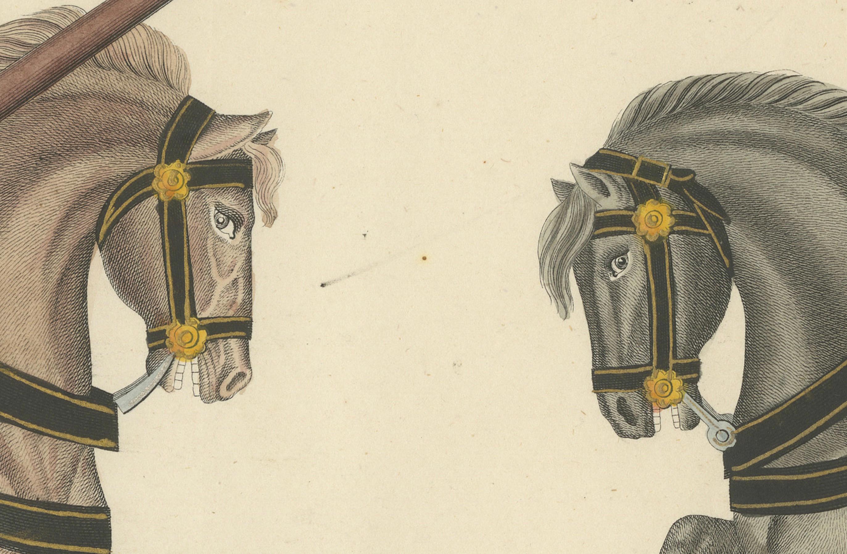 Handkolorierter Druck von Rittern mit heraldischem Banner in montiertem Kampf mit Wappen, 1842 im Zustand „Gut“ im Angebot in Langweer, NL
