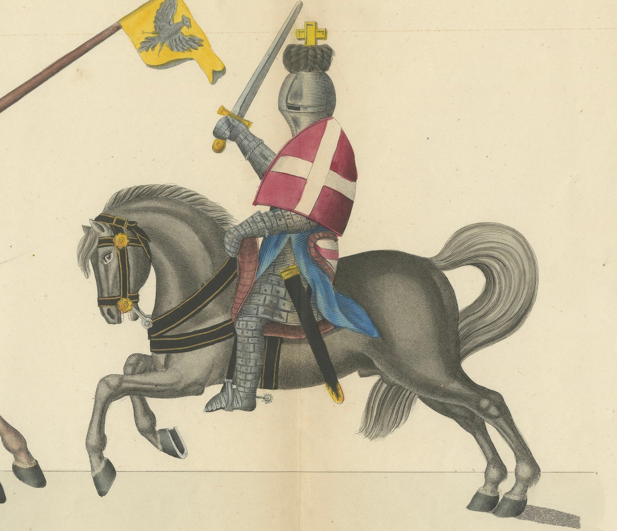 Handkolorierter Druck von Rittern mit heraldischem Banner in montiertem Kampf mit Wappen, 1842 (Mittleres 19. Jahrhundert) im Angebot