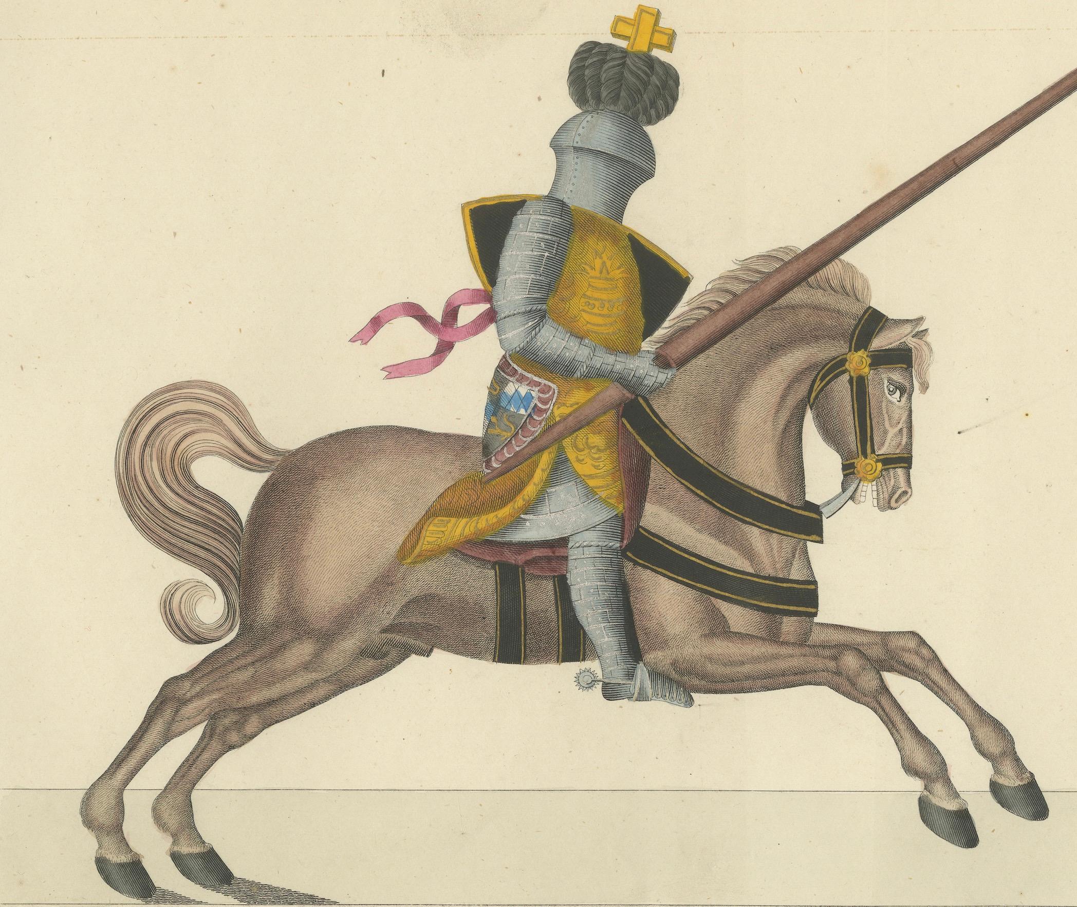 Handkolorierter Druck von Rittern mit heraldischem Banner in montiertem Kampf mit Wappen, 1842 (Papier) im Angebot