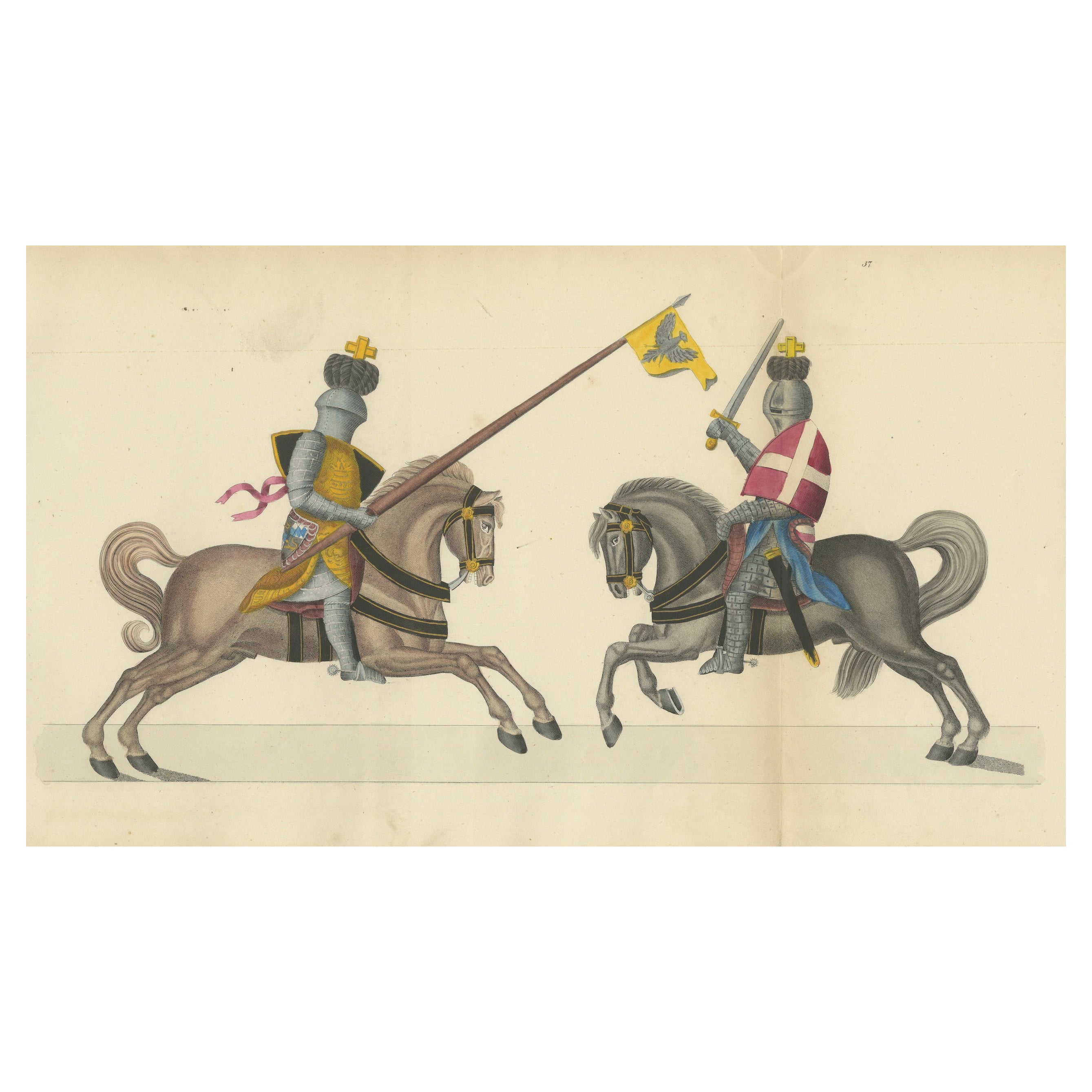 Handkolorierter Druck von Rittern mit heraldischem Banner in montiertem Kampf mit Wappen, 1842