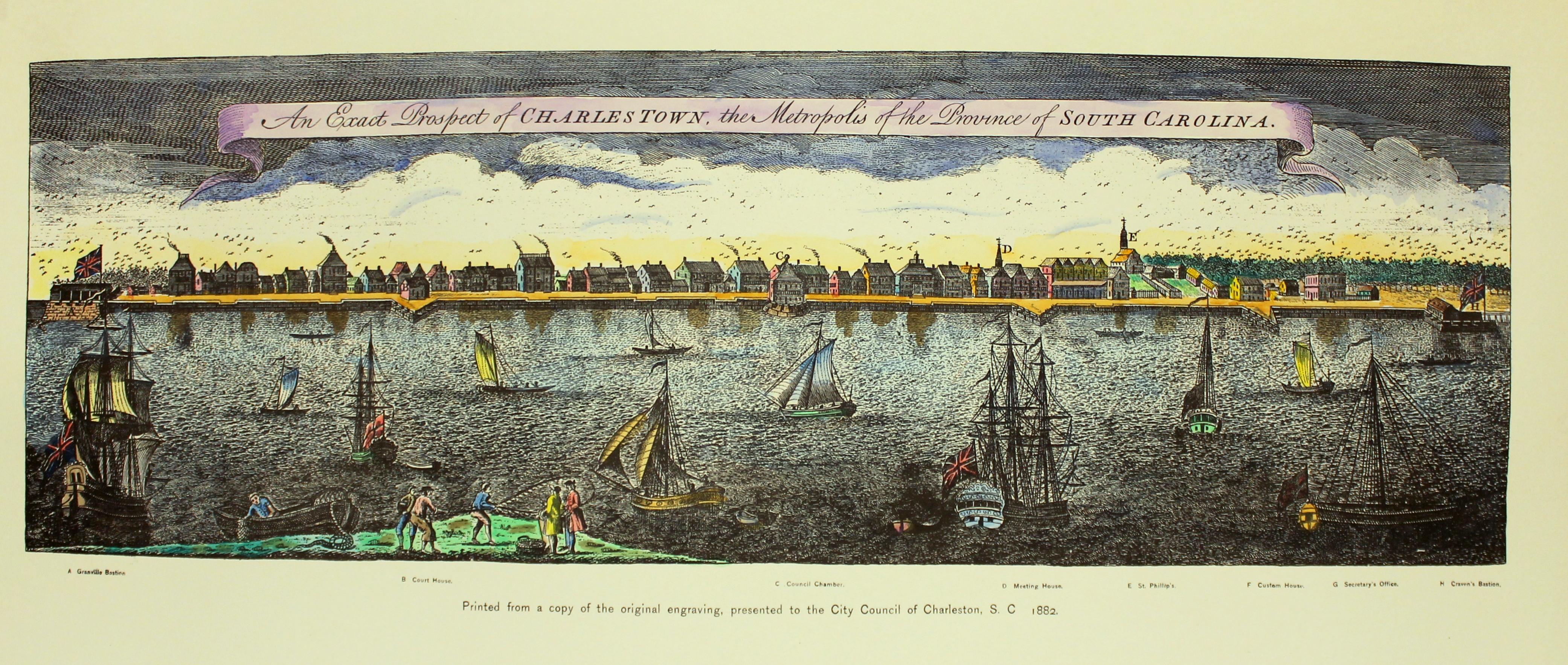 Exact Prospect of CharlesTown, the Metropolis of the Province of South Carolina, Print made Circa 1950-60

Printed from a copy of the original engraving (original engraving likely circa 1760- 1770) presented to the City Council of Charleston, SC,