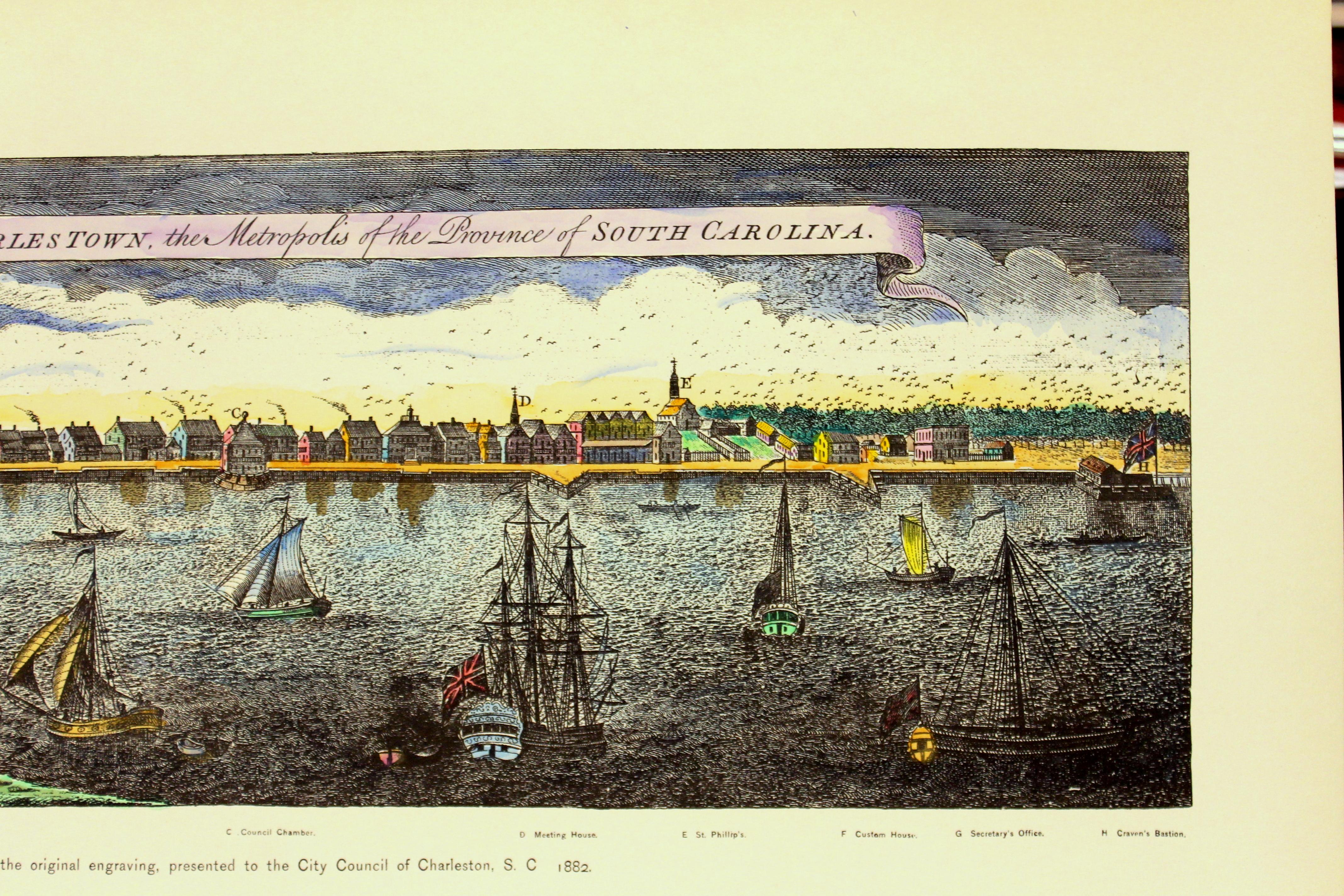 American Hand Coloured Reprod, Print, Exact Prospect of Charlestown, the Metropolis of SC For Sale