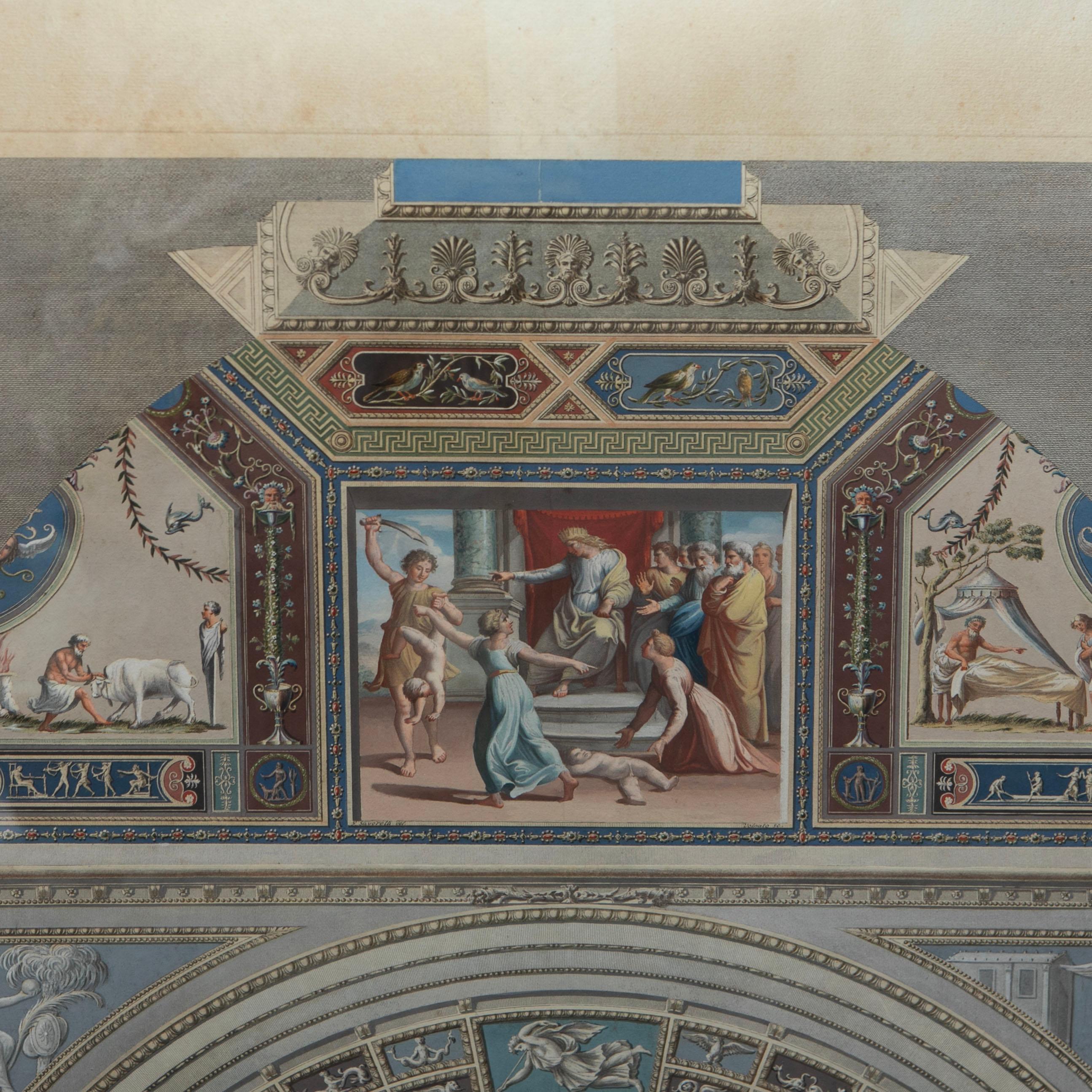 Handkolorierte Szene aus den Kreuzganggewölben in den Loggien des Raphael, Vatikan, Nr. IV (Radiert) im Angebot