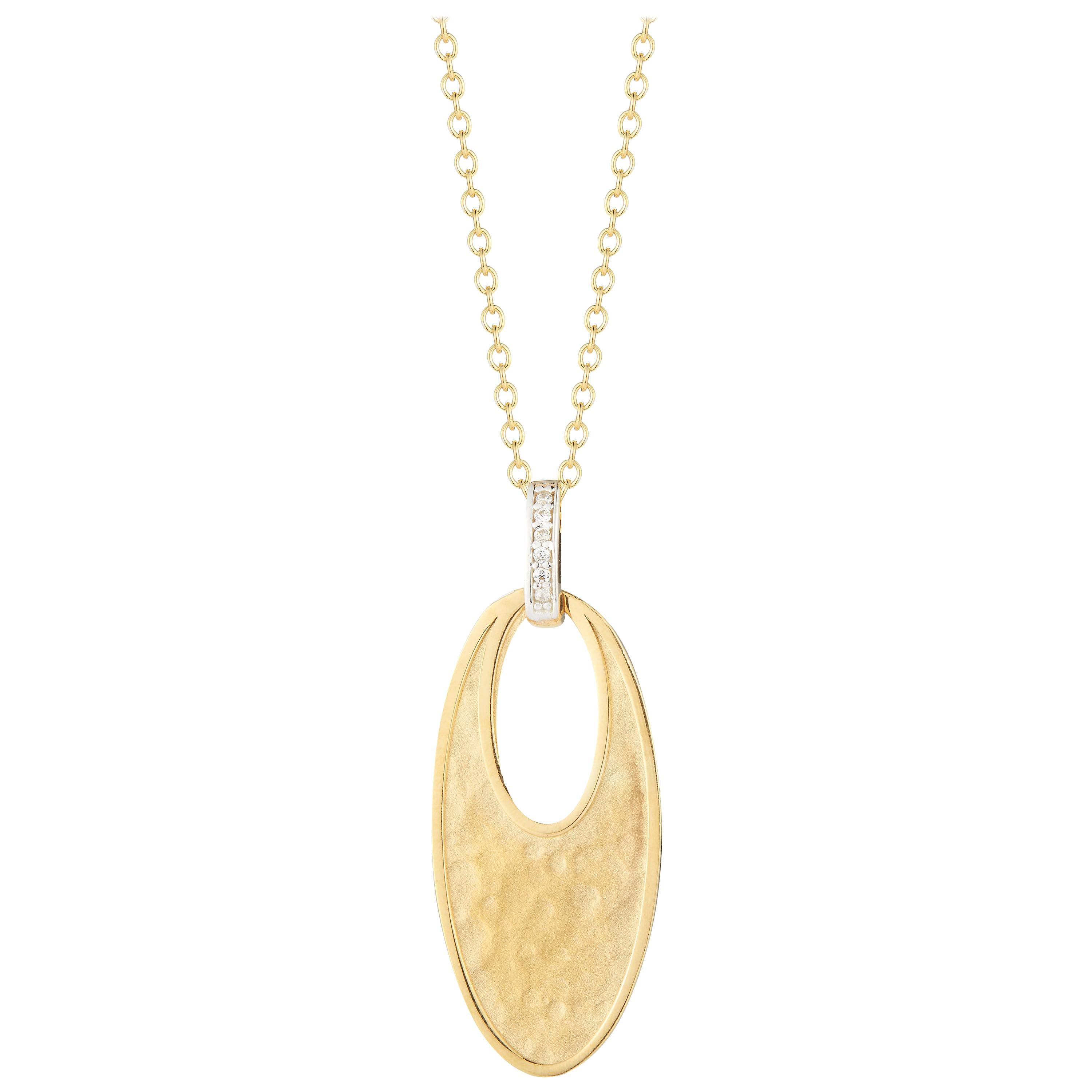 Handcraft 14 Karat Yellow Gold Matte, Hammer and Polish-Finished Oval Pendant For Sale
