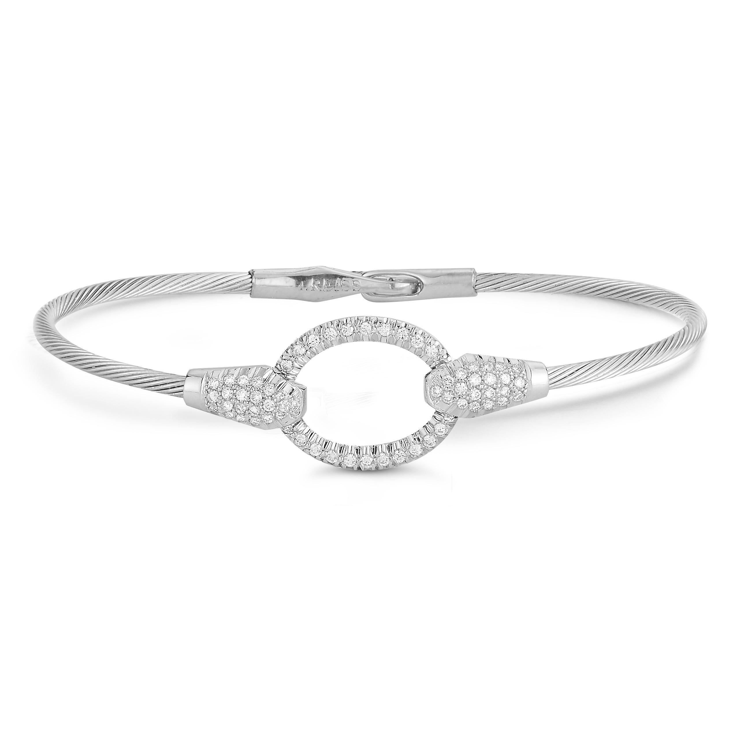 14 Karat White Gold Hand-Crafted Polish-Finished Open Pave Oval Wire Bracelet, Enhanced with 0.52 Carat Diamonds.
