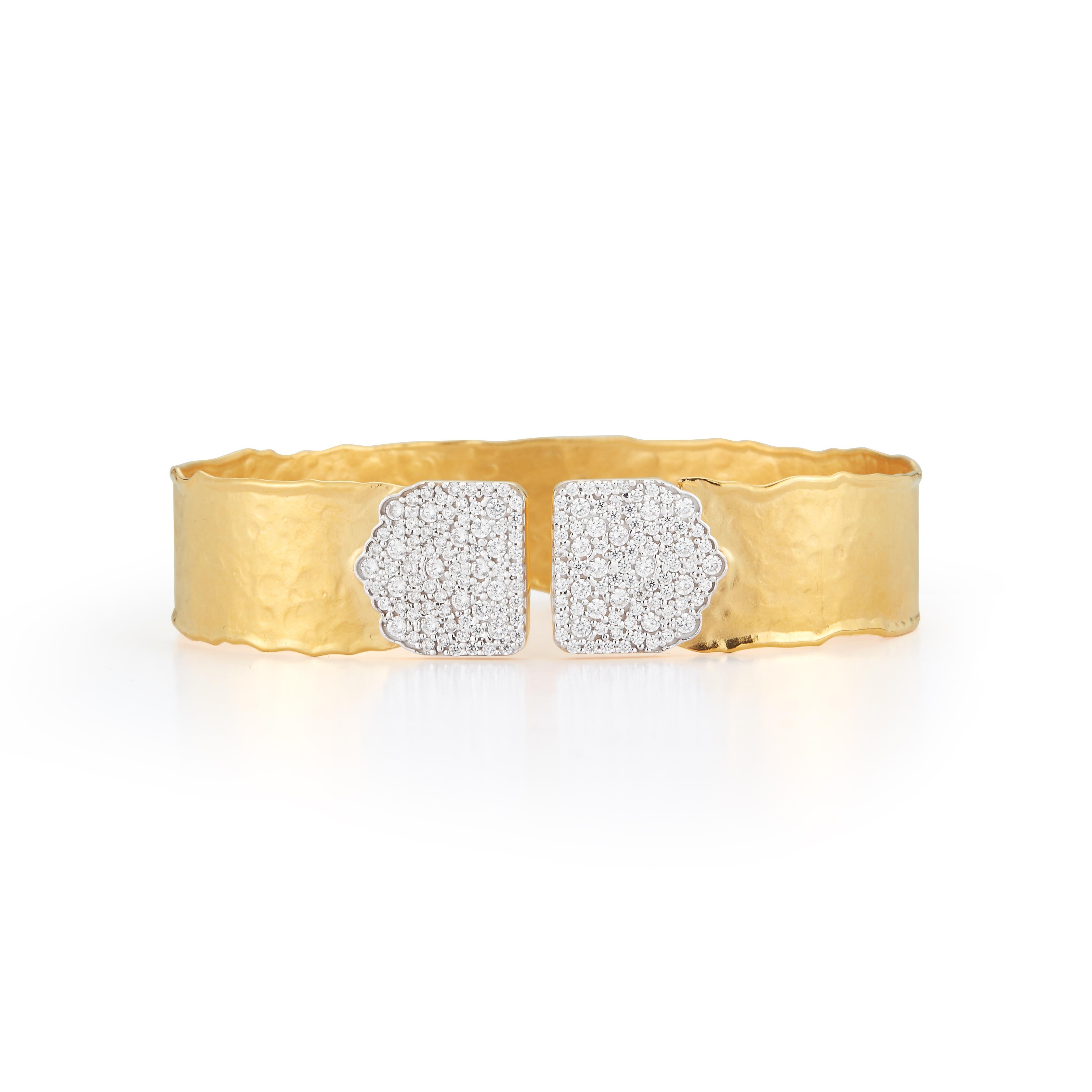 14 Karat Yellow Gold Hand-Crafted Matte and Hammer-Finished 14mm Scallop-Edged Cuff Bracelet, Enhanced with 1.54 Carats of Pave  Set Diamonds.
