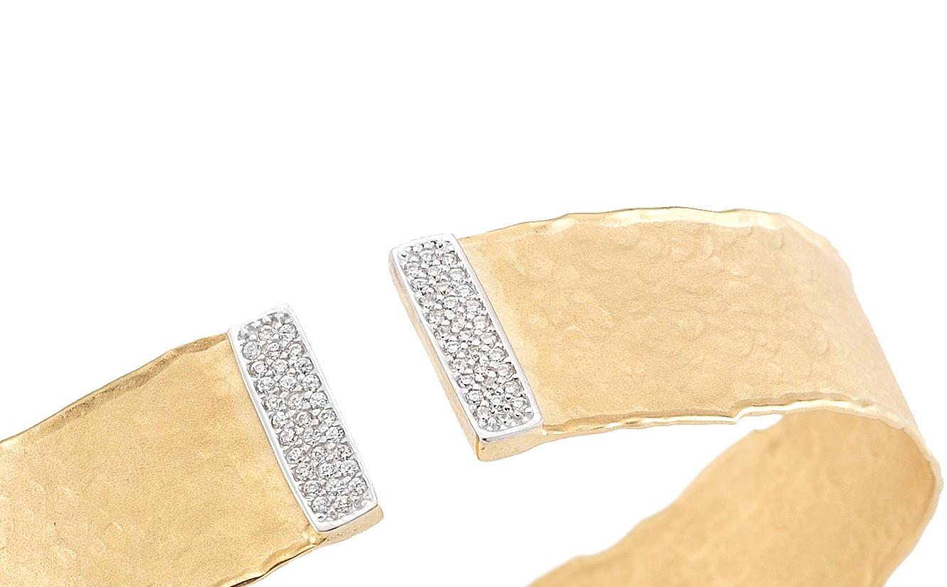 14 Karat Yellow Gold Hand-Crafted Matte and Hammer-Finished Scallop-Edged 14mm Cuff Bracelet, Enhanced with 0.37 Carats of Pave Set Diamond Bars.
