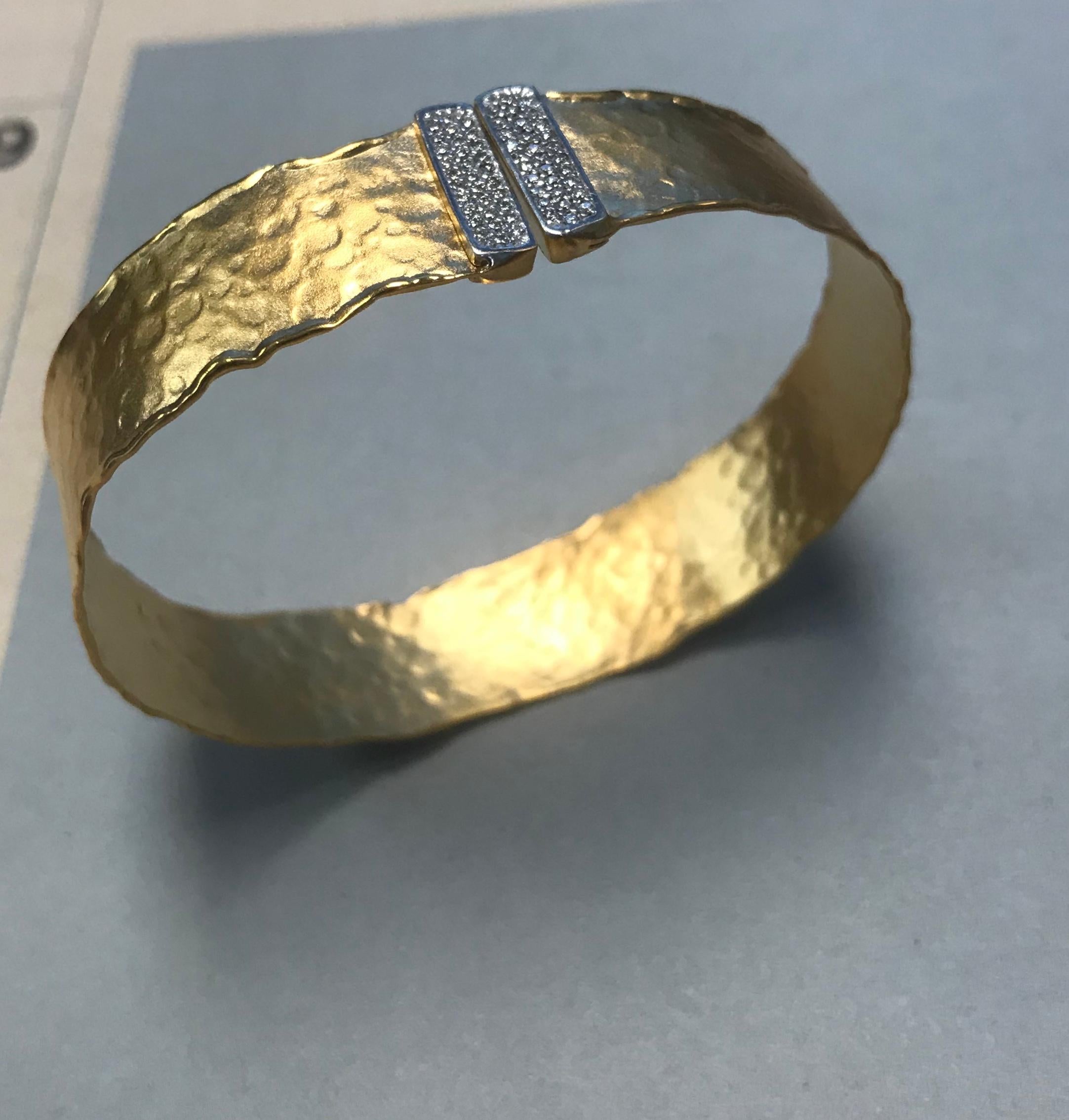 Handcrafted 14 Karat Yellow Gold Hammered Cuff Bracelet In New Condition For Sale In Great Neck, NY