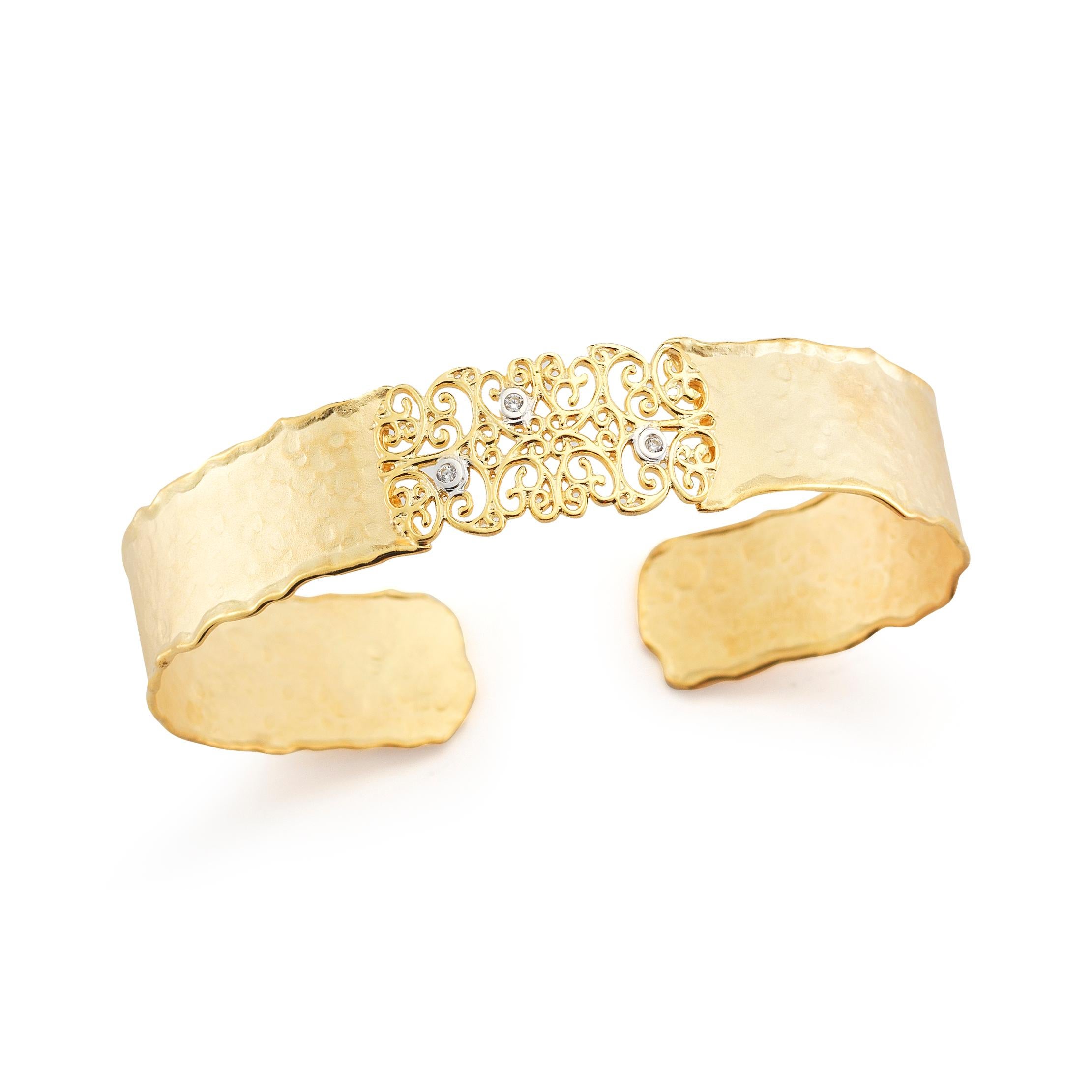 14 Karat Yellow Gold Hand-Crafted Matte and Hammer-Finished Scallop-Edged 14mm Filigree Cuff Bracelet, Accented with 0.06 Carats of Bezel Set Diamonds.
