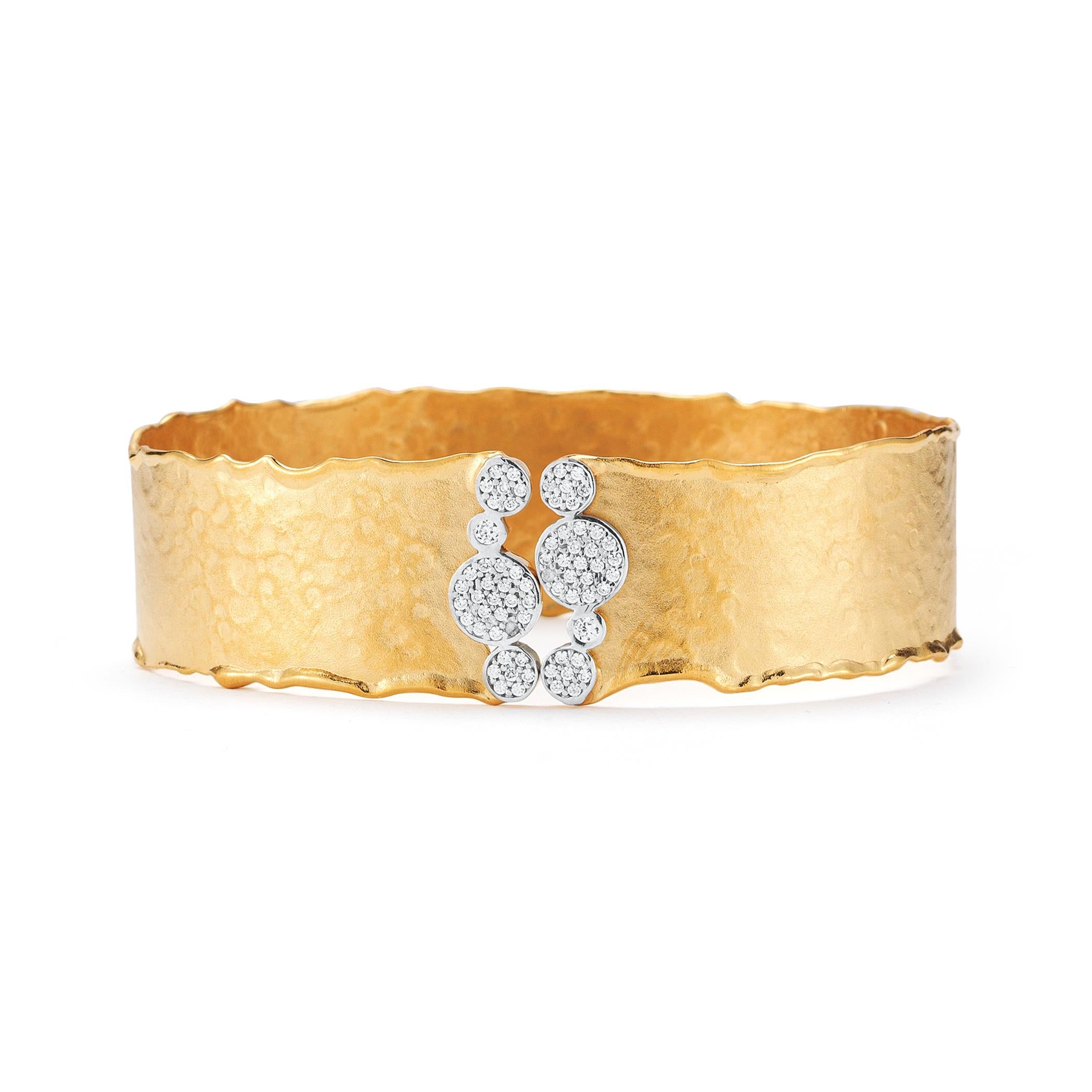 14 Karat Yellow Gold Hand-Crafted Matte and Hammer-Finish Scallop-Edged 17mm Narrow Cuff Bracelet, Enhanced with 0.49 Carat Of Pave Set Diamond Bubbles.
