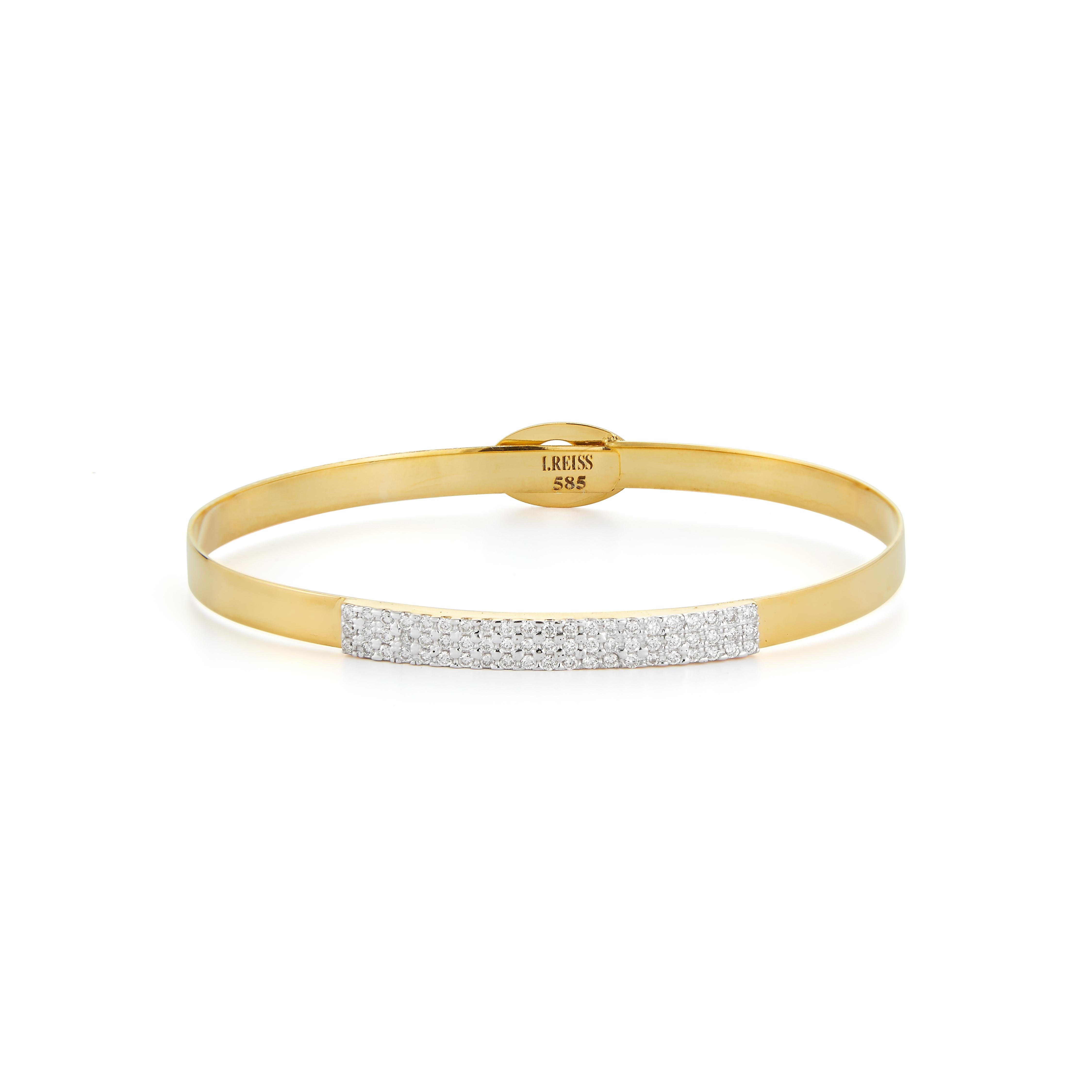 14 Karat Yellow Gold Hand-Crafted Matte and Hammer-Finished 3.5mm ID Bangle Bracelet, Enhanced with 0.50 Carats of Pave Set Diamonds.
