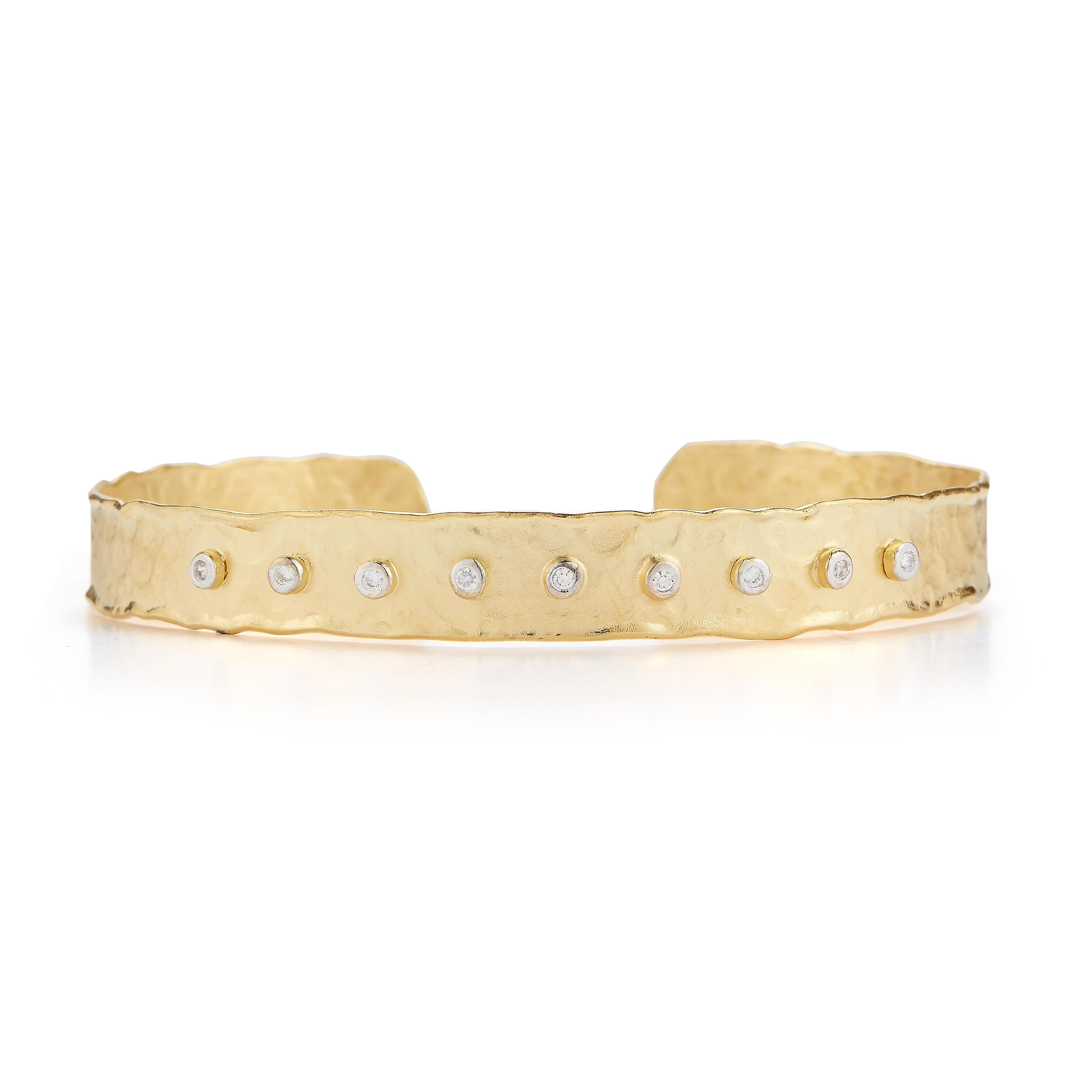 14 Karat Yellow Gold Hand-Crafted Matte and Hammer-Finished Scallop-Edged 8mm Narrow Cuff Bracelet, Dotted with 0.14 Carats of Bezel Set Diamonds.
