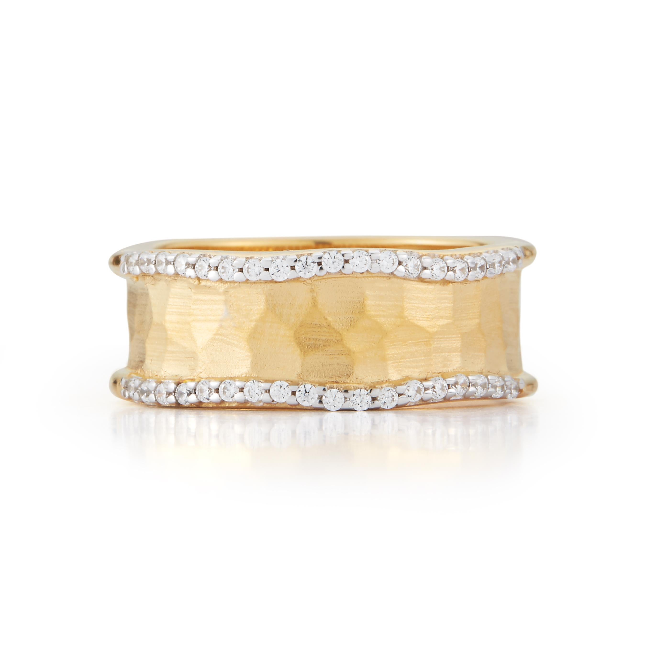 14 Karat Yellow Gold Matte and Hammer-Finished Scallop-Edged 8mm Ring, Accented with 0.22 Carats of Pave Set Diamonds.
