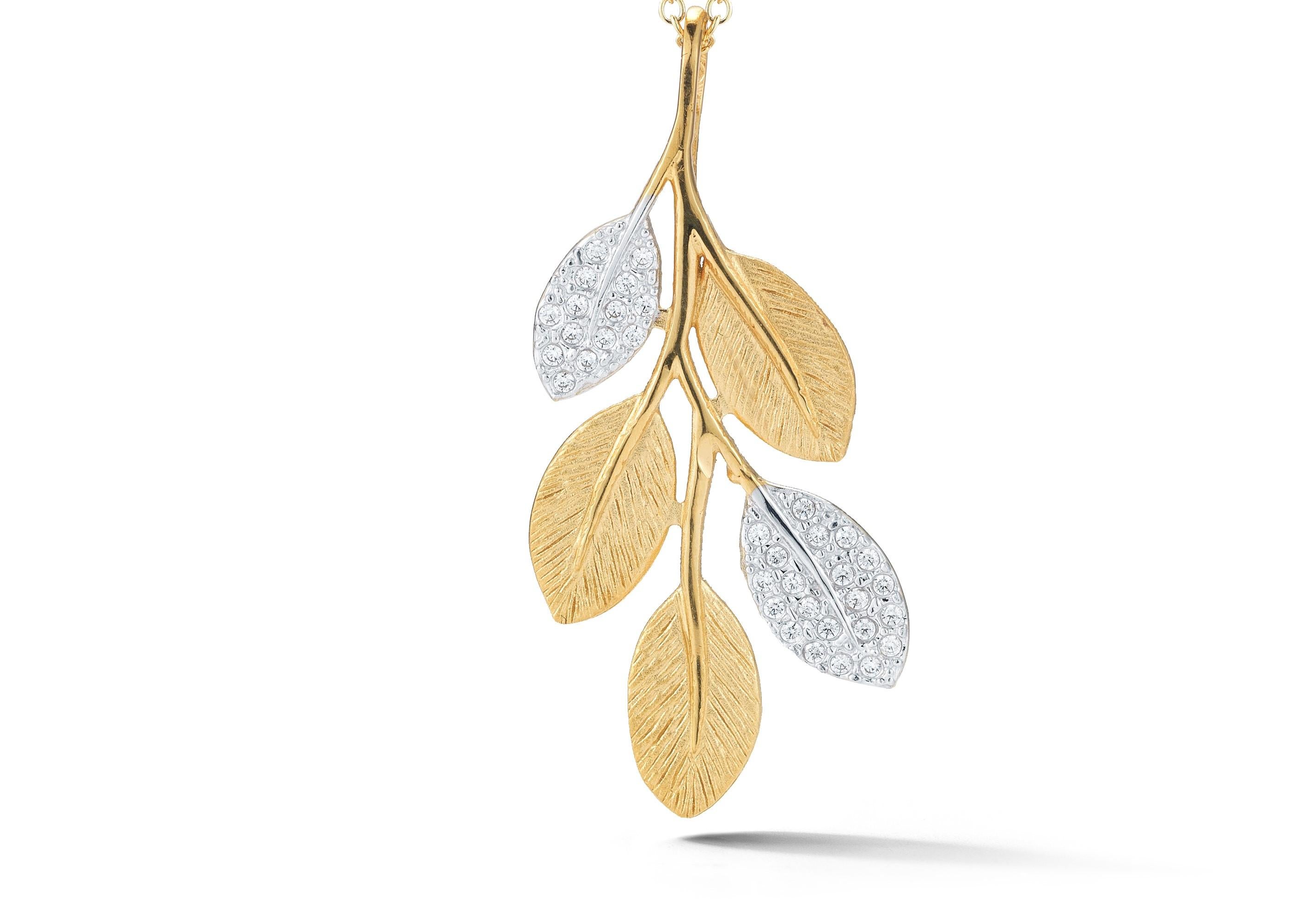 14 Karat Yellow Gold Hand-Crafted Mixed Matte, Polish, and Textured-Finish Branching Leaves Pendant, Accented with 0.21 Carats of Pave Set Leaves, Sliding on a 16
