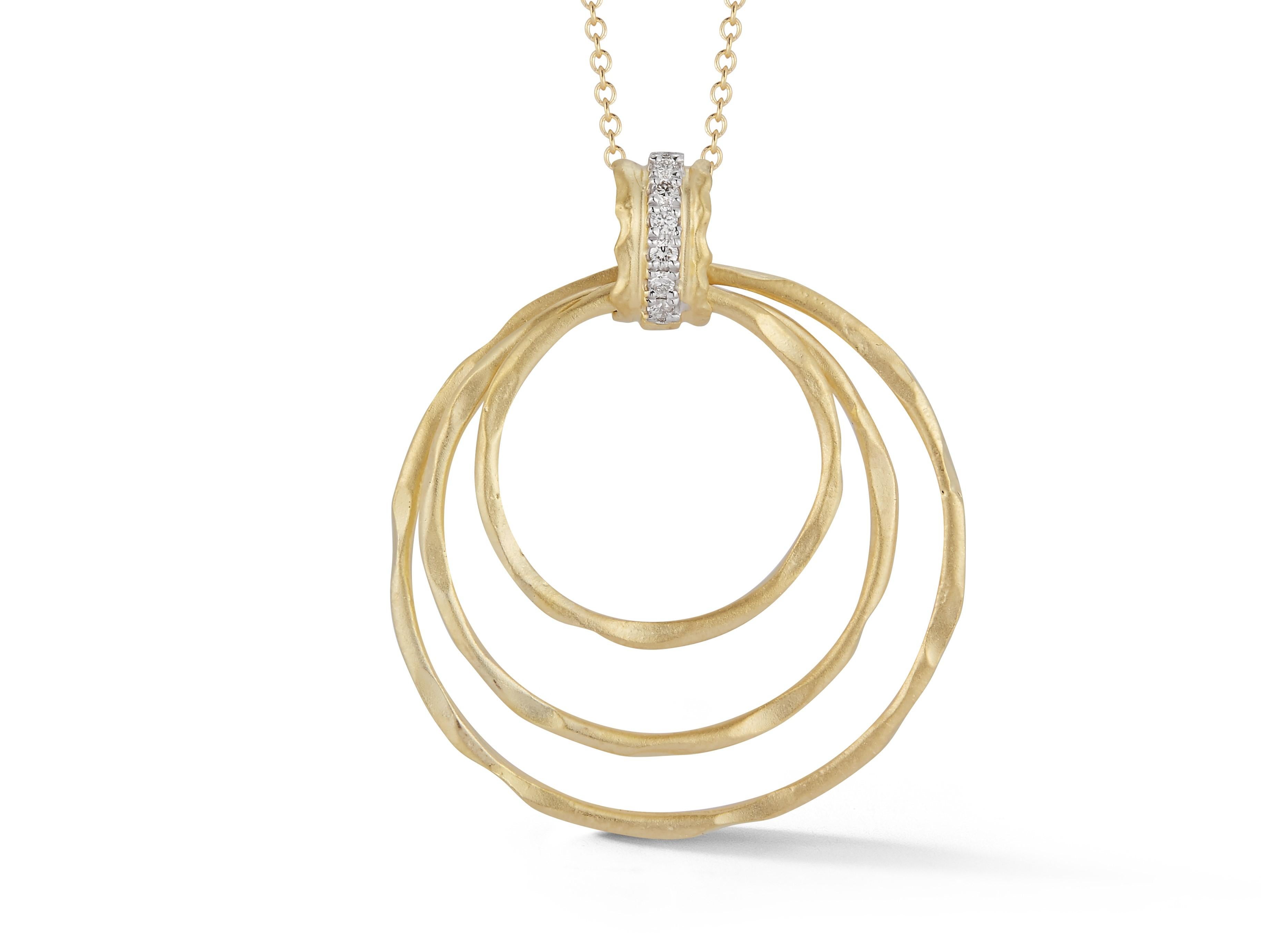 14 Karat Yellow Gold Hand-Crafted Matte and Hammer-Finished Cascading Circles Pendant, Accented with 0.06 Carats of a Pave Set Diamond Bale, Sliding on a 16