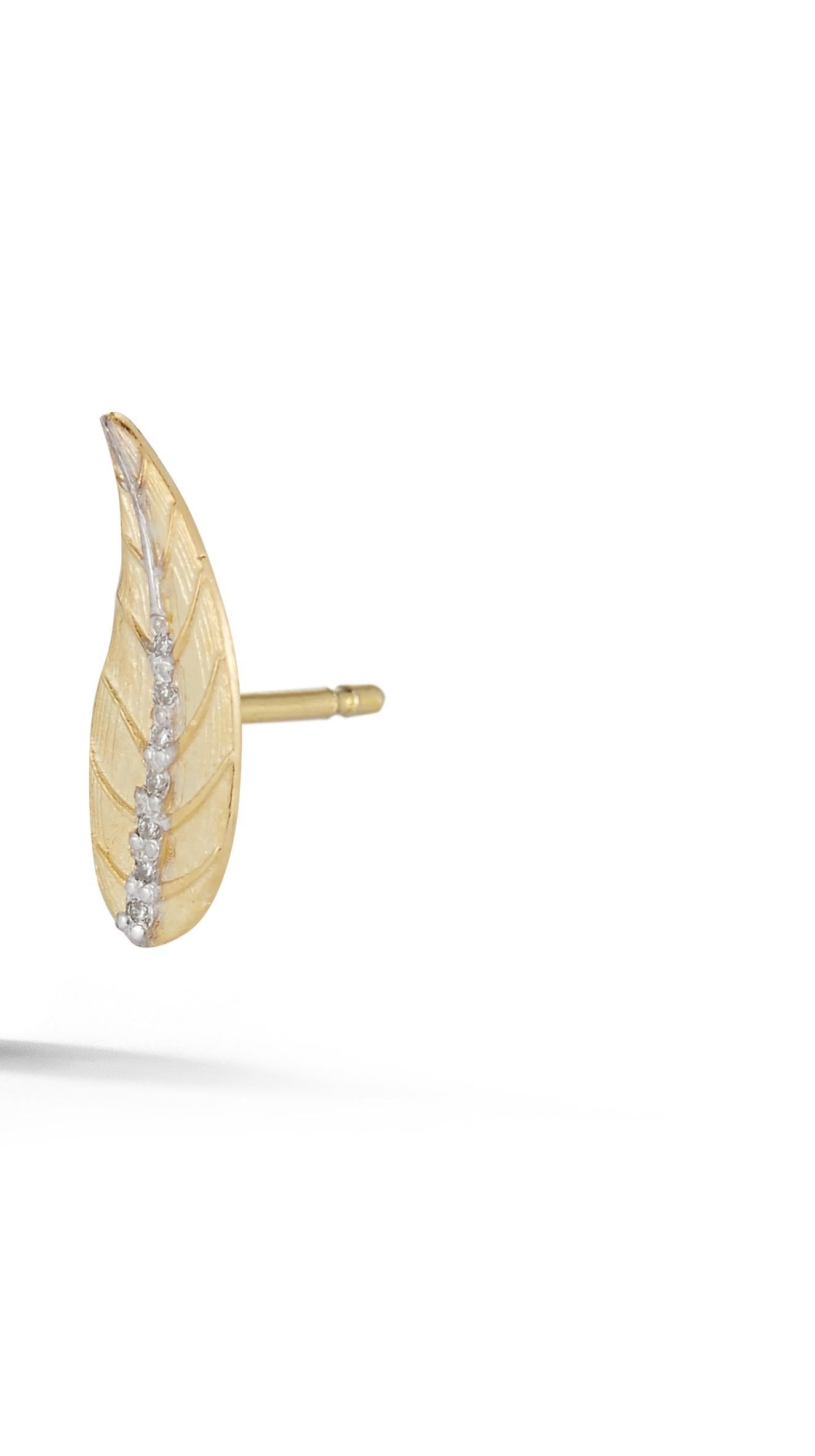 14 Karat Yellow Gold Hand-Crafted Etched and Matte-Finished Climber Leaf Earrings, Accented with 0.06 Carats of Pave Set Diamond Veins.  Post-with-Friction Closures.
