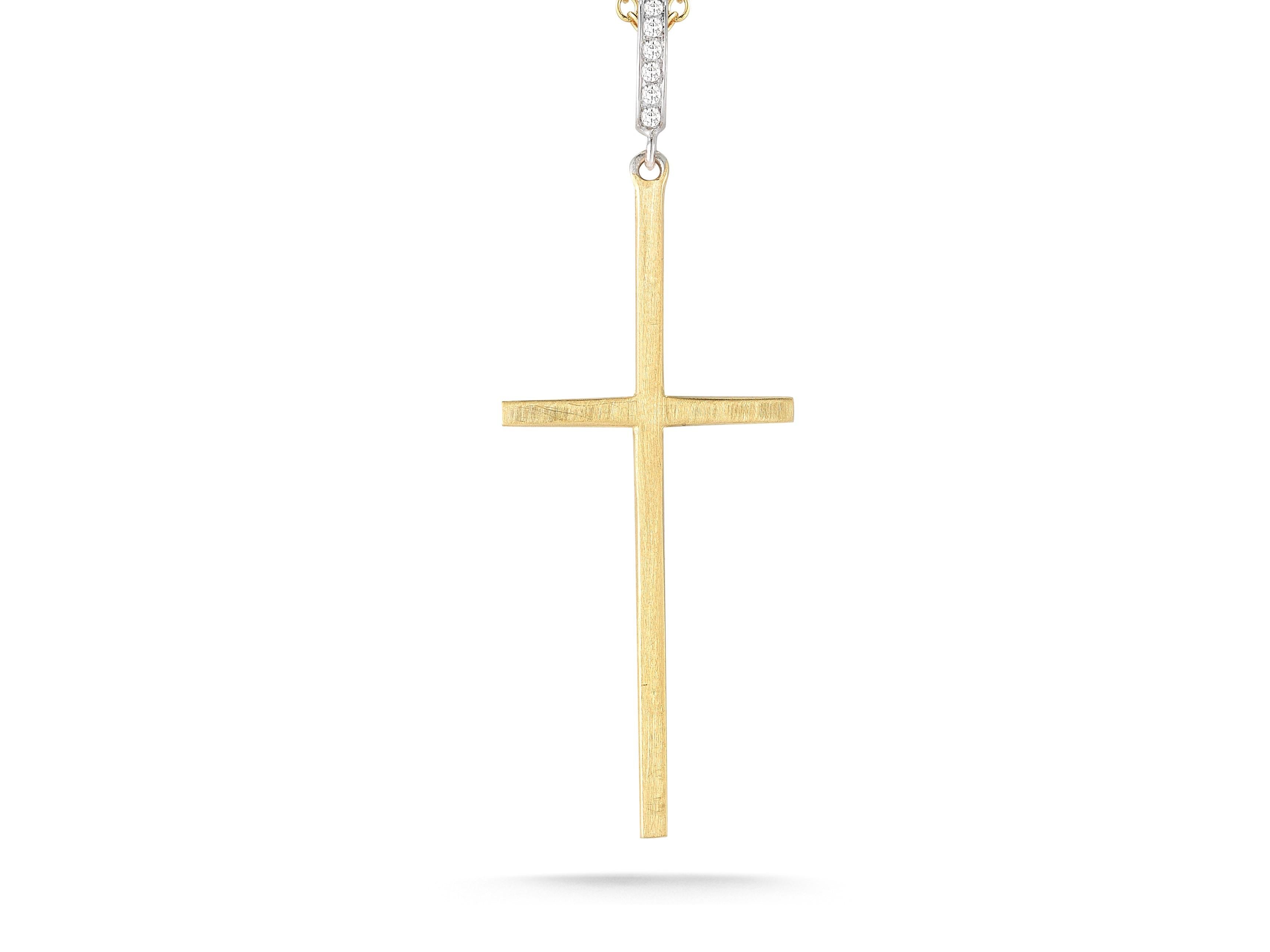 14 Karat Yellow Gold Hand-Crafted Matte-Finish Cross Pendant, Imprinted with the Word 