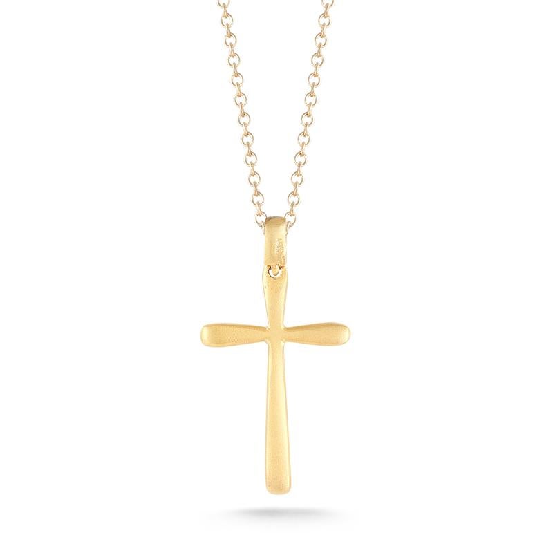 pendentif en forme de croix en or jaune 14 carats, fabriqué à la main et au fini mat, rehaussé d'un diamant de 0,0125 carat, glissé sur une chaîne Rolo de 16 po et gravé du texte 