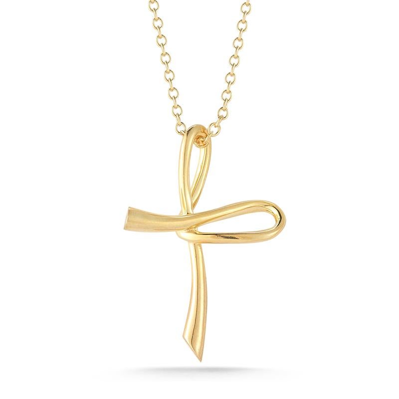 14 Karat Yellow Gold Hand-Crafted Polish-Finished Cross Pendant, Sliding on a 16