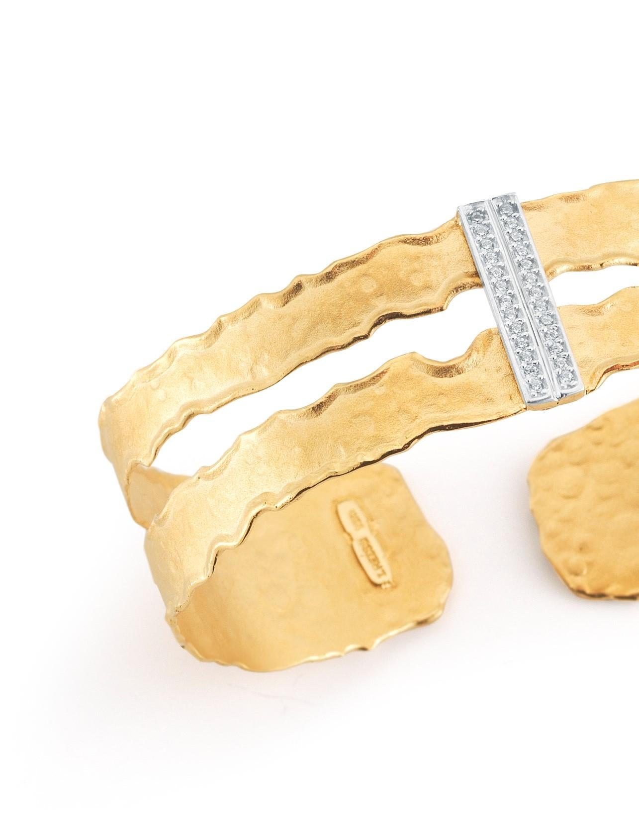 14 Karat Yellow Gold Hand-Crafted Matte and Hammer-Finished Scallop-Edged Cutout Open Cuff Bracelet, Accented with 0.15 Carats of Pave Set Diamonds.
