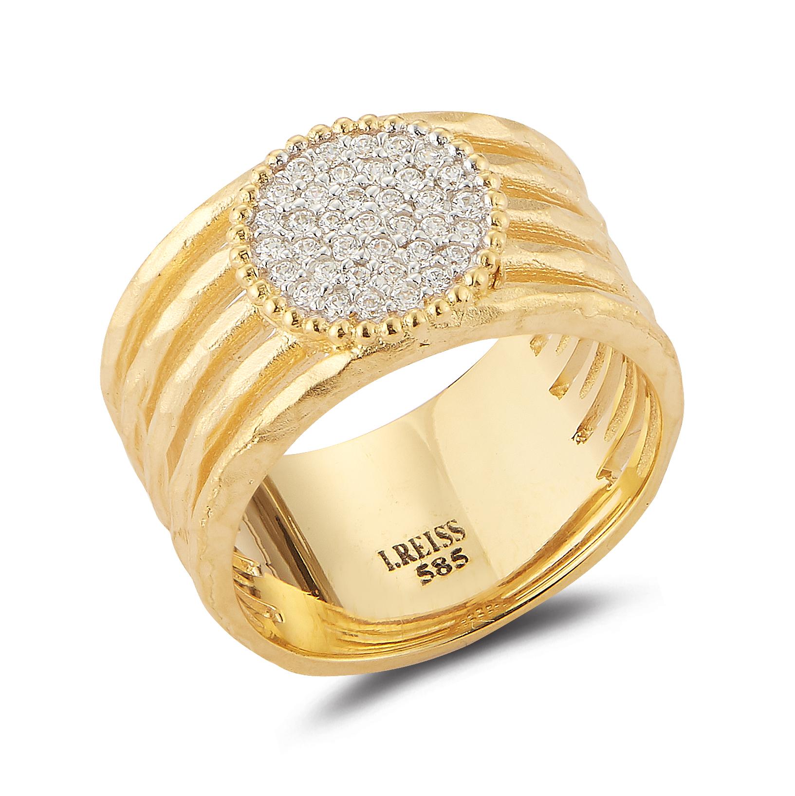 14 Karat Yellow Gold Hand-Crafted Matte and Hammer-Finished Cut-Out Strand Ring, Centered with 0.22 Carats of a Pave Set Diamond Circle.
 
