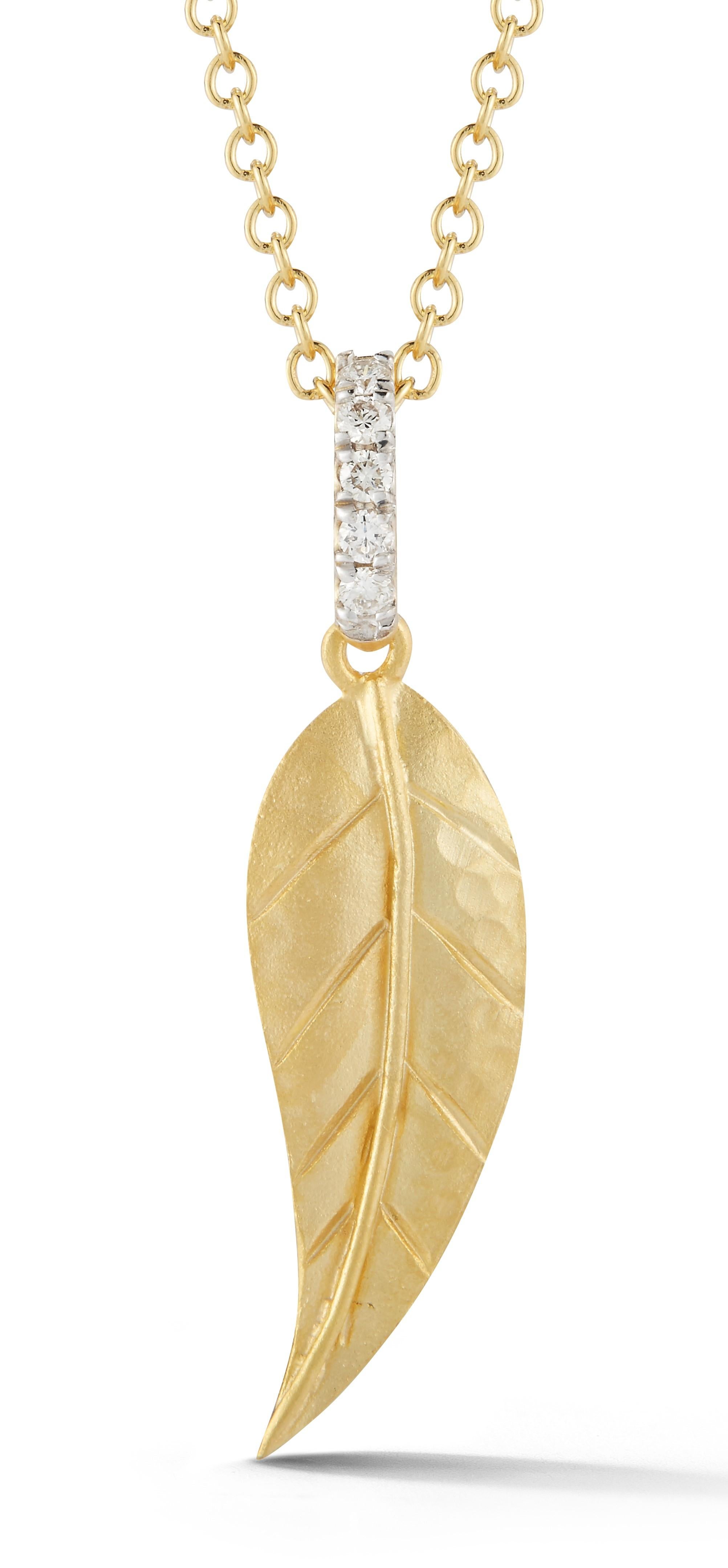 14 Karat Yellow Gold Hand-Crafted Matte-Finish Dainty Leaf Pendant, Enhanced with 0.037 Carats of a Pave Set Diamond Bale, Sliding on a 16