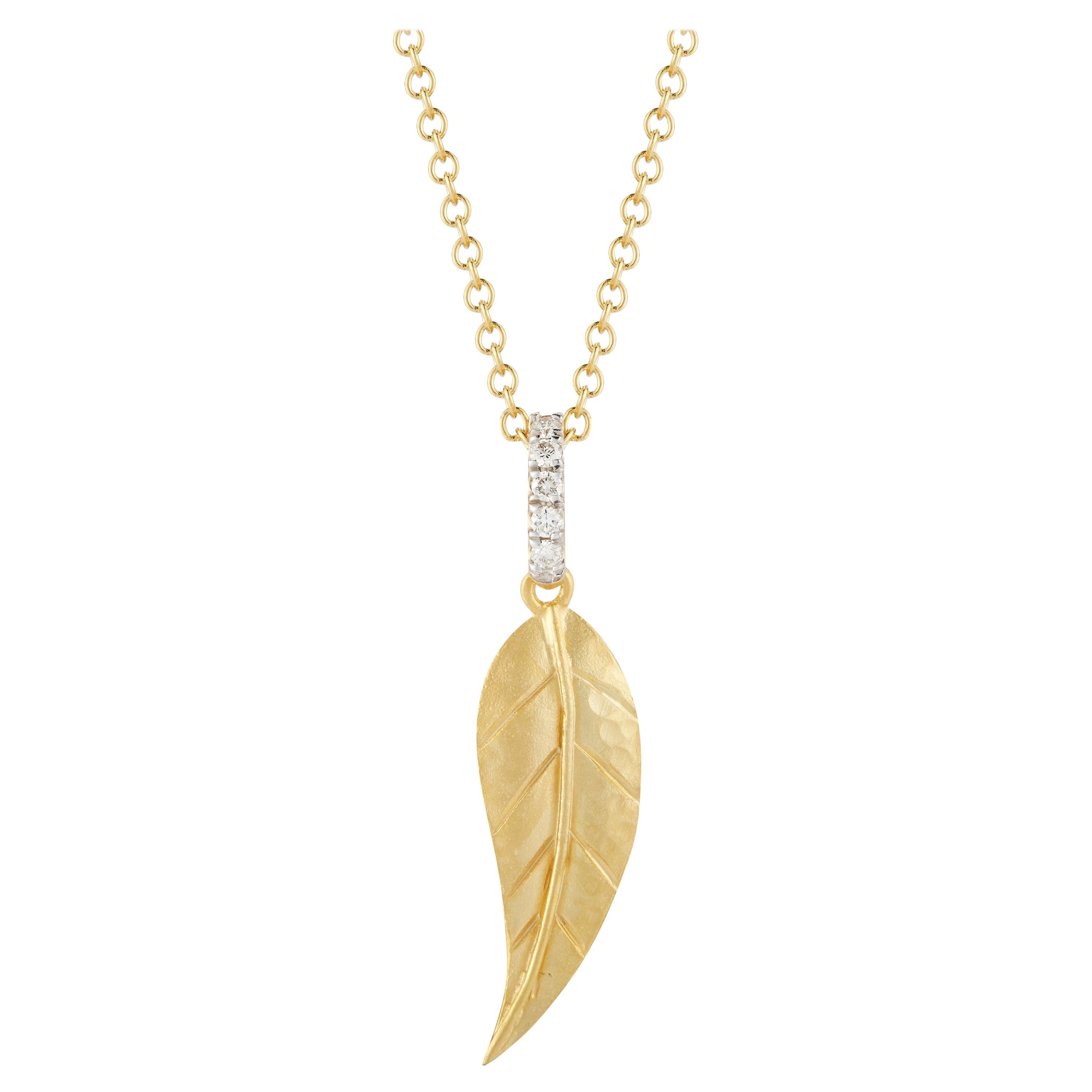 Hand-Crafted 14 Karat Yellow Gold Dainty Leaf Sliding Pendant For Sale