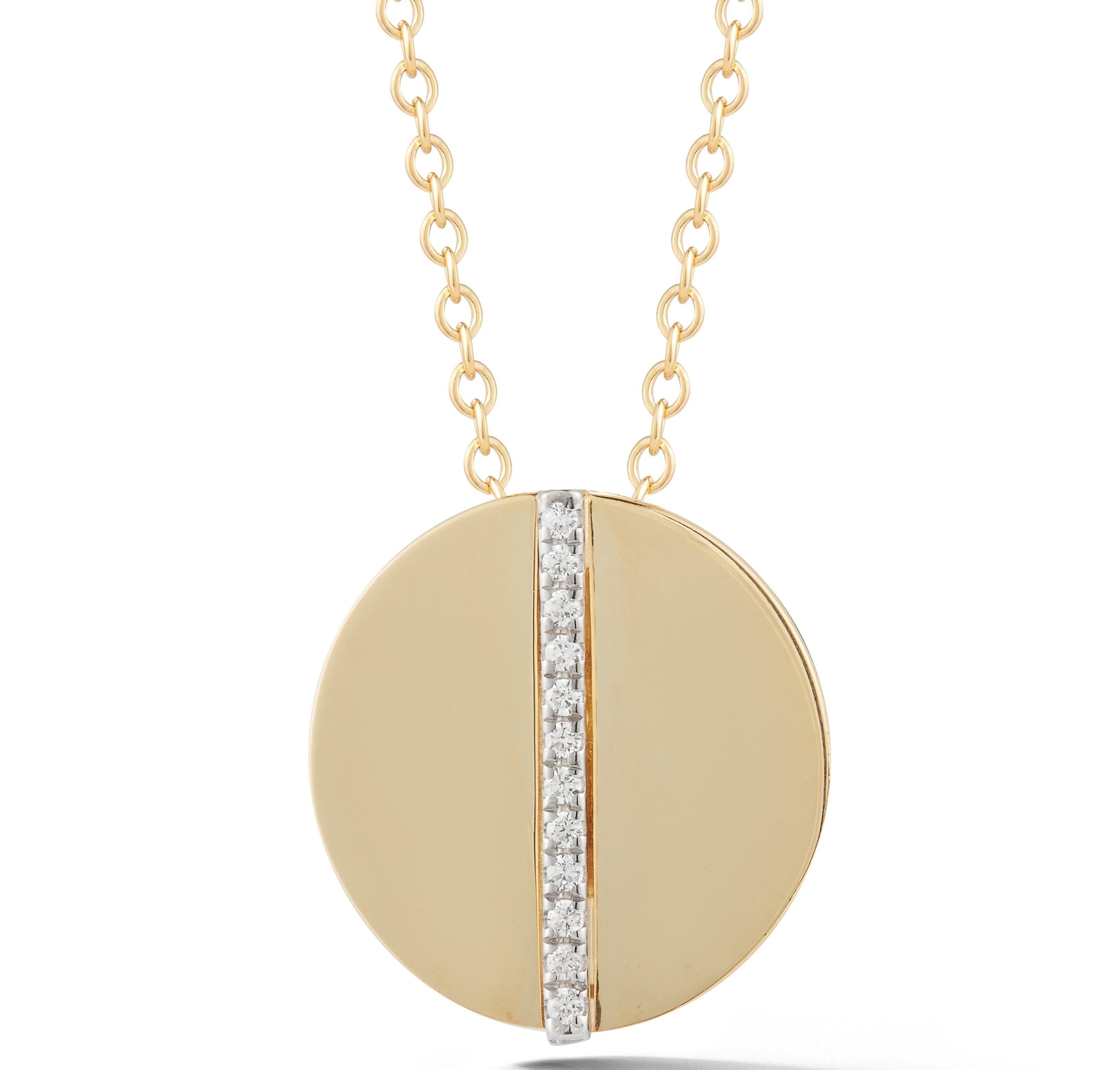 14 Karat Yellow Gold Hand-Crafted Polish-Finished 20mm Round-Shaped Pendant, Accented with 0.07 Carats of Pave Set Diamonds, Sliding on a 16