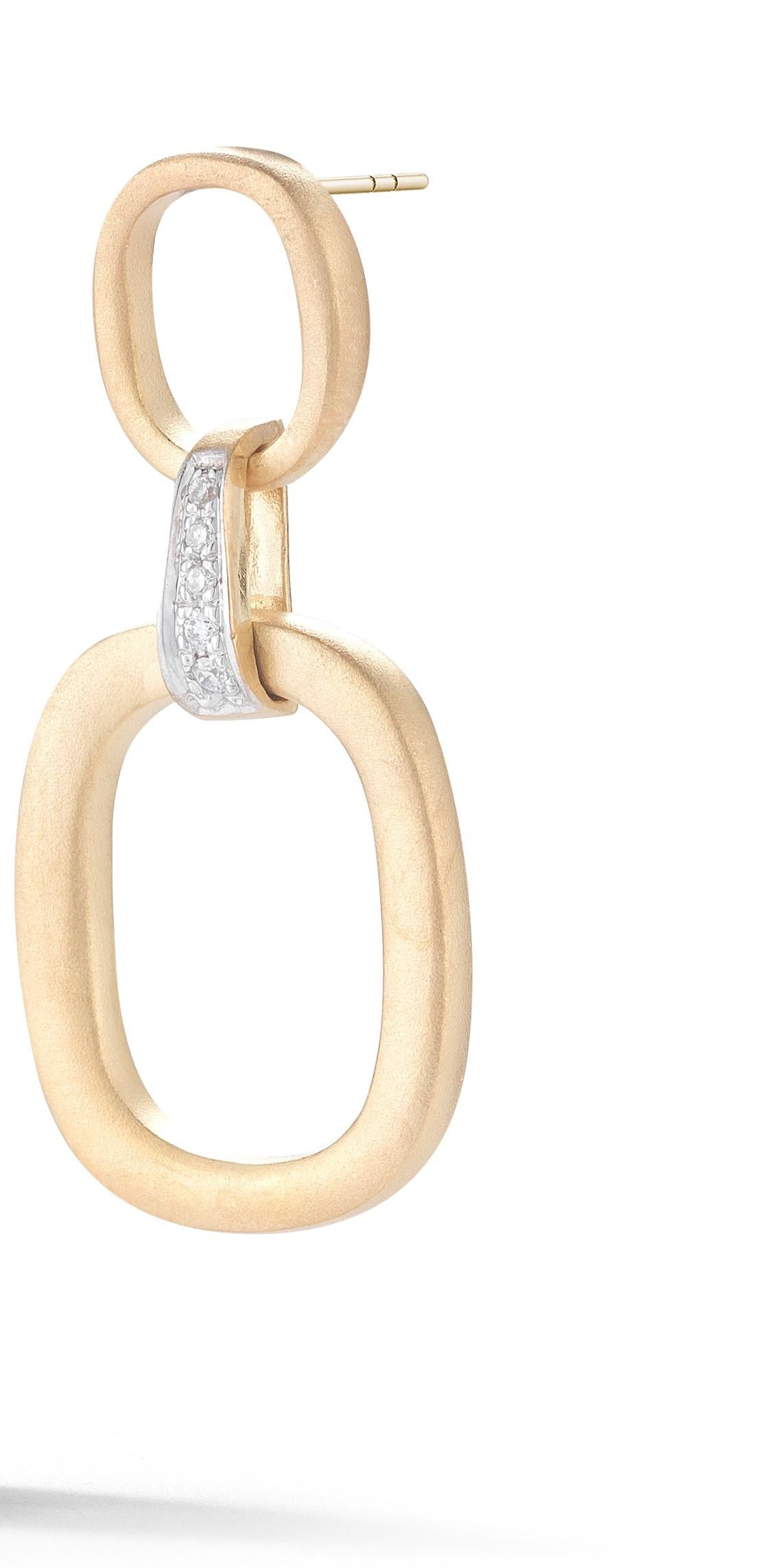 14 Karat Yellow Gold Hand-Crafted Satin Finish Small-Large Diamond Linked Open Square Dangling Earrings, Set with 0.10 Carat Diamonds on a Post-with-Friction Back Finding.
