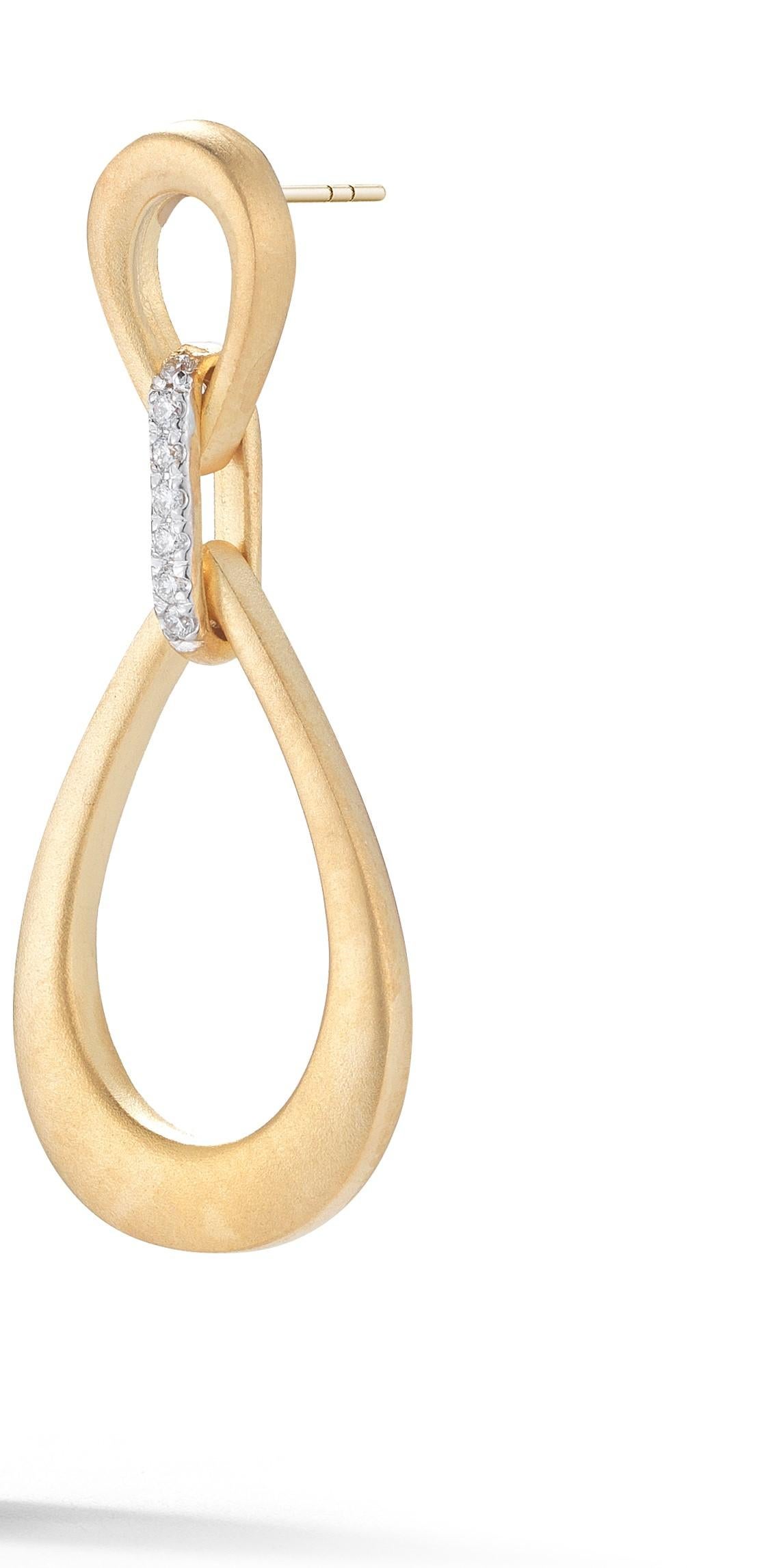14 Karat Yellow Gold Hand-Crafted Satin Finish Small-Large Diamond Linked Open Tear-Drop Dangling Earrings, Set with 0.14 Carat Diamonds on a Post-with-Friction Back Finding.
