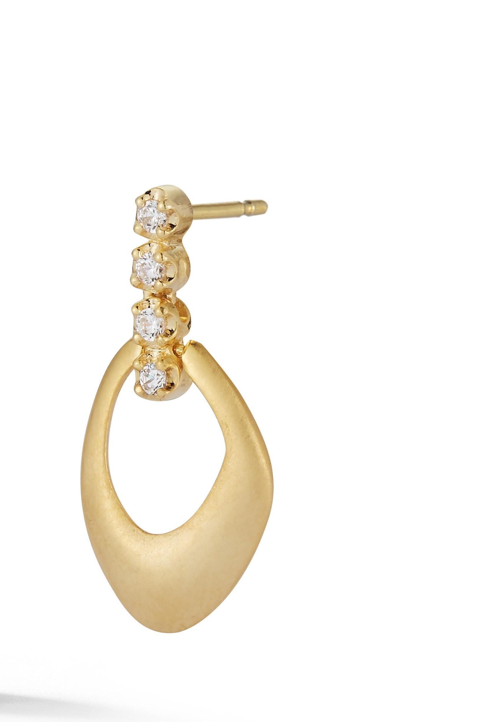 14 Karat Yellow Gold Hand-Crafted Satin-Finished Open Free Form Dangling Earrings, Accented with 0.24 Carats of 8 Prong Set Diamonds. Post with Friction Closure.
