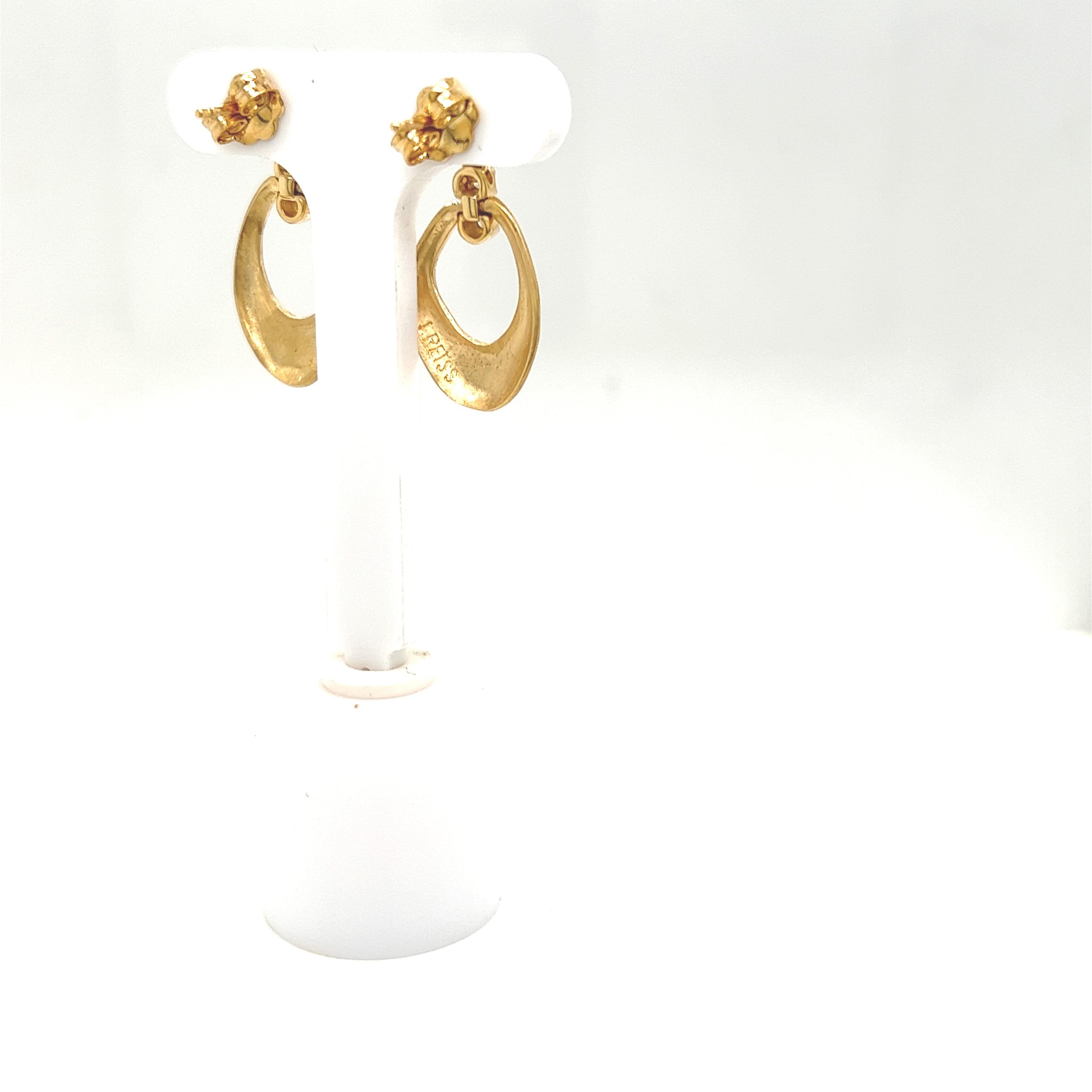 Round Cut Hand-Crafted 14 Karat Yellow Gold Dangling Free-Form Earrings For Sale
