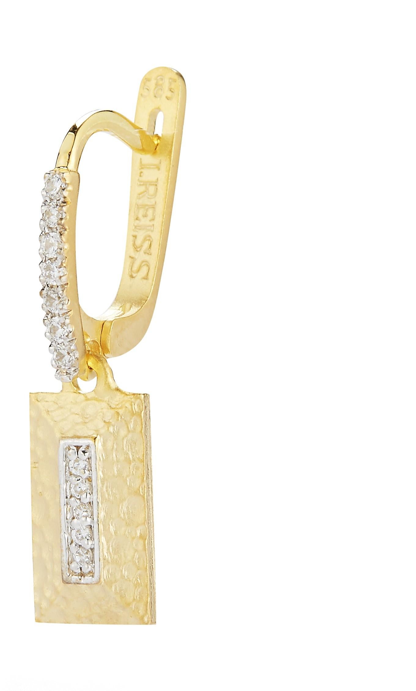 14 Karat Yellow Gold Hand-Crafted Matte and Hammer-Finished Rectangle-Shaped Dangling Earrings, Accented with 0.15 Carat Diamonds and Set on a Lever Back Closure.
