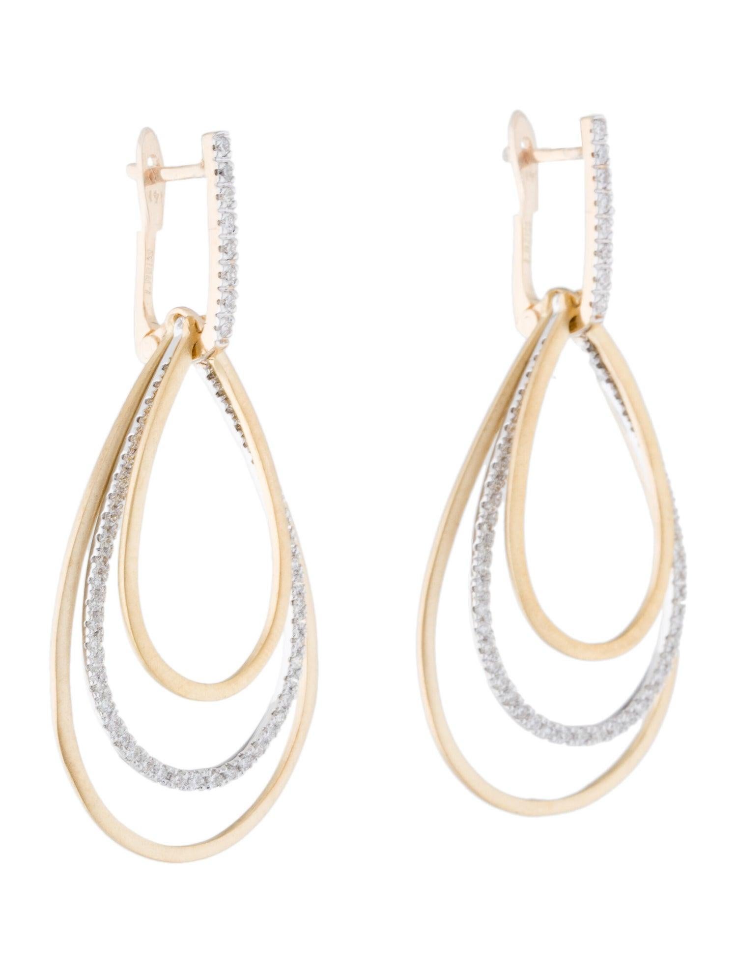 14 Karat Yellow Gold Hand-Crafted Satin-Finished Cascading Tear Drop Earrings, Accented with 0.66 Carats of Pave Set Diamonds on a Leverback Backfinding.
