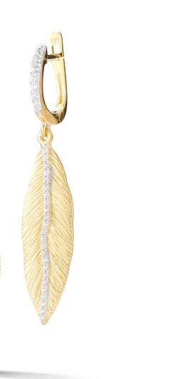 Handcrafted 14 Karat Yellow Gold Dangling Textured Feather Earrings