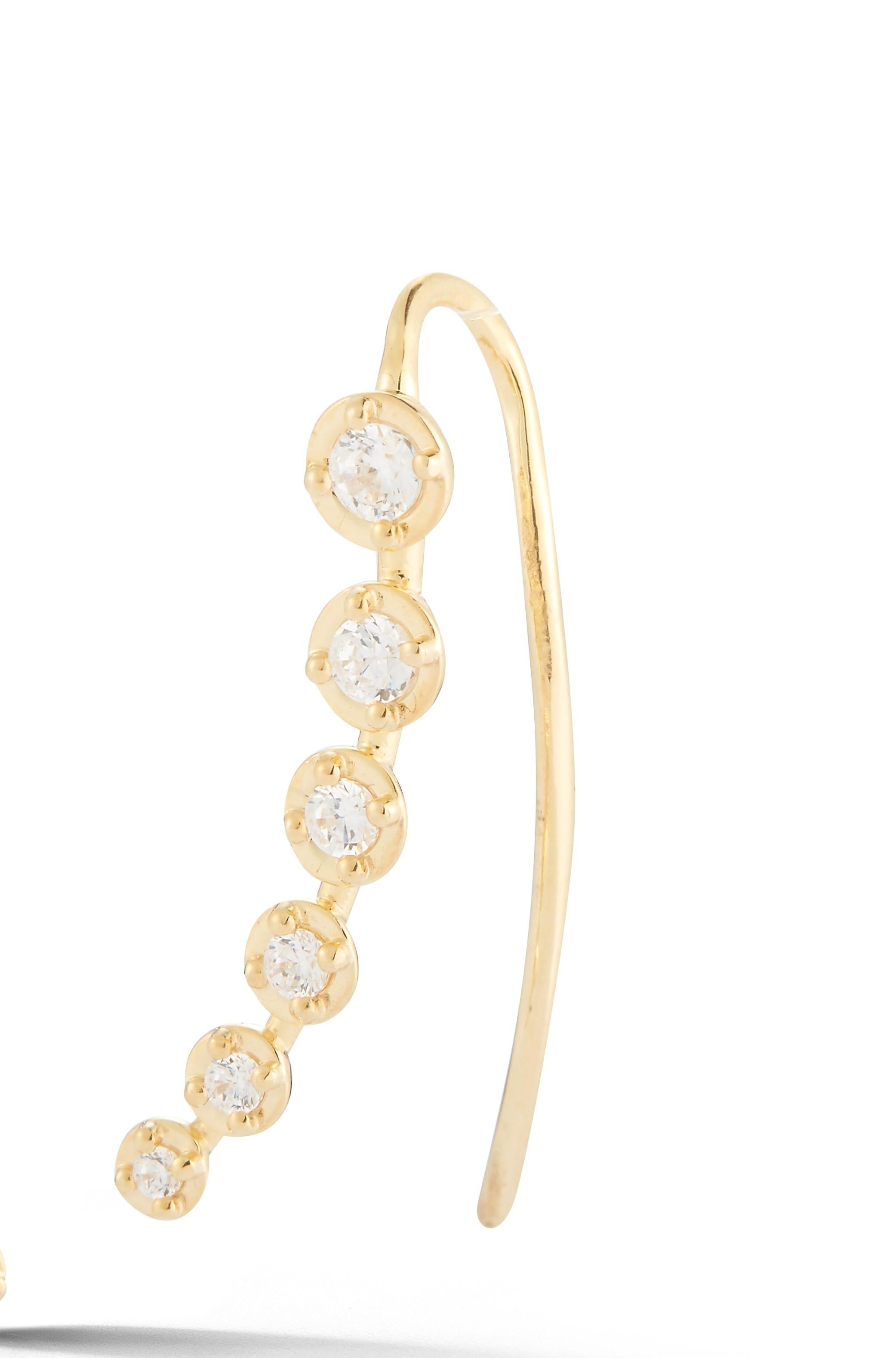 14 Karat Yellow Gold Hand-Crafted Polish-Finished Climber Earrings, Enhanced with 0.45 Carats of Graduating Diamond Bezels.
