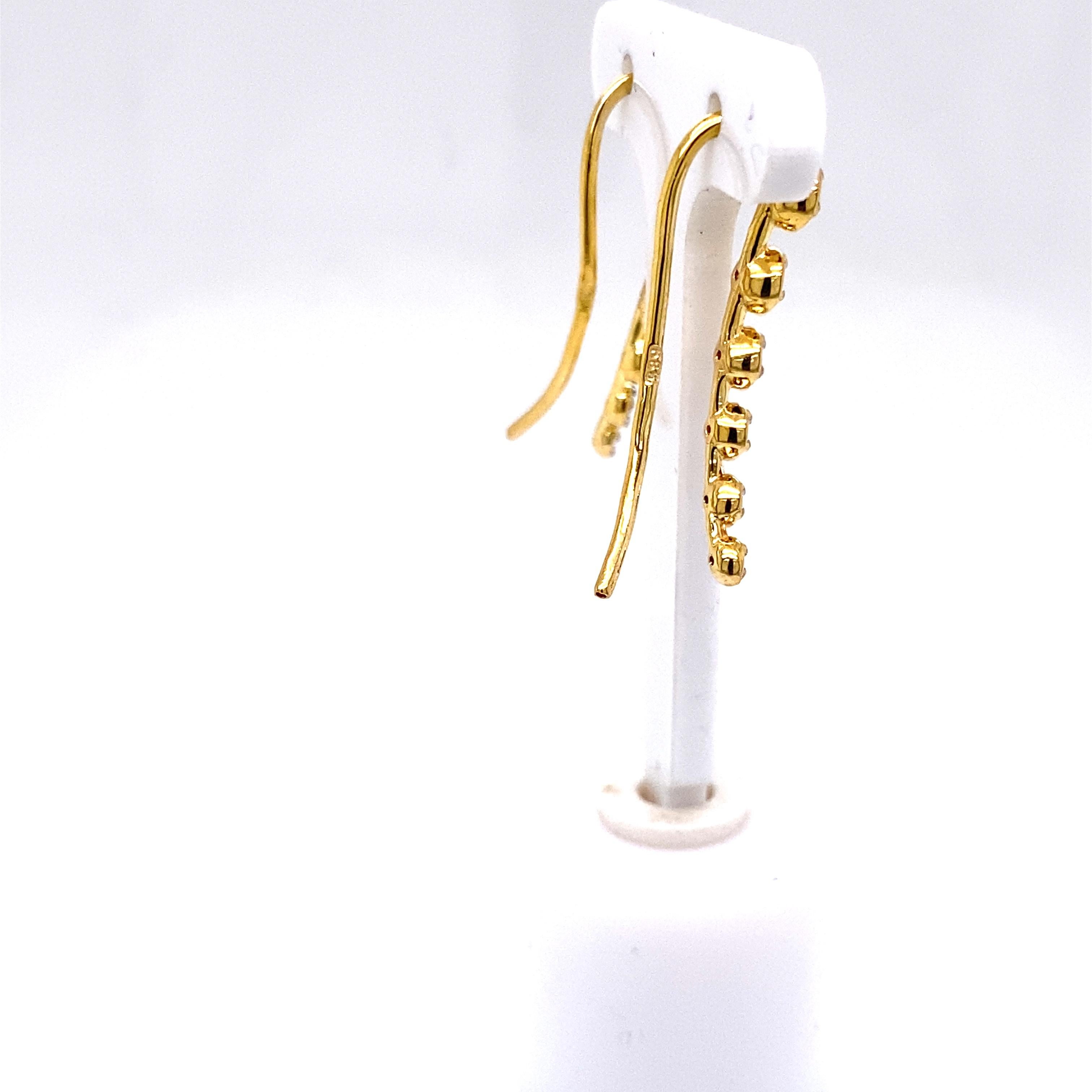 Round Cut Hand-Crafted 14 Karat Yellow Gold Diamond Bezel Climber Earrings For Sale