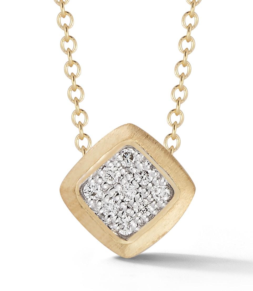 14 Karat Yellow Gold Hand-Crafted Matte-Finish Diamond-Shaped Pendant, Centered with 0.09 Diamonds, Set with a Lobster Claw Clasp.
