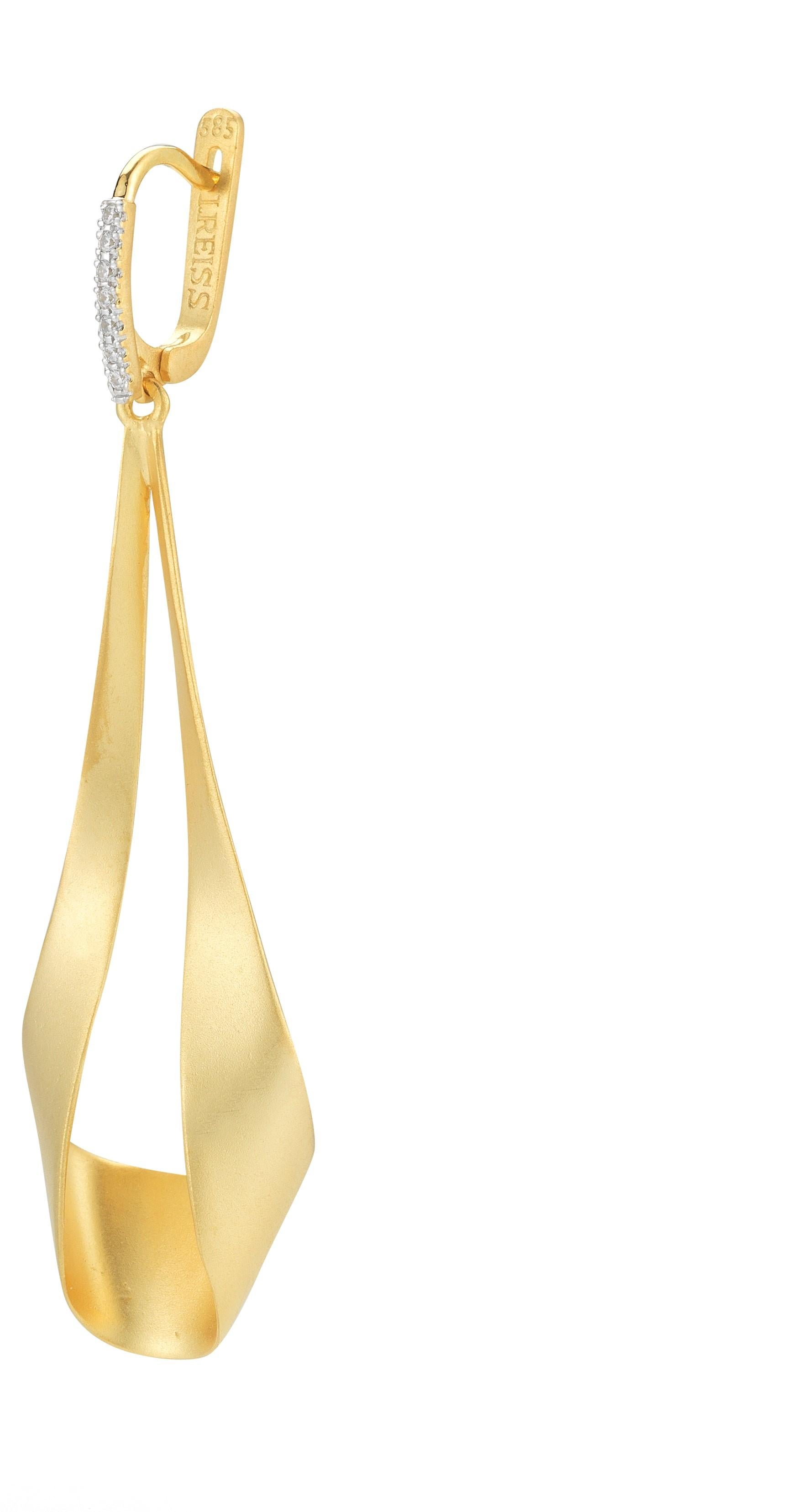 14 Karat Yellow Gold Hand-Crafted Satin-Finished Drop Earrings, Set with 0.11 Carats of Pave Set Diamond Lever Back Closures.
