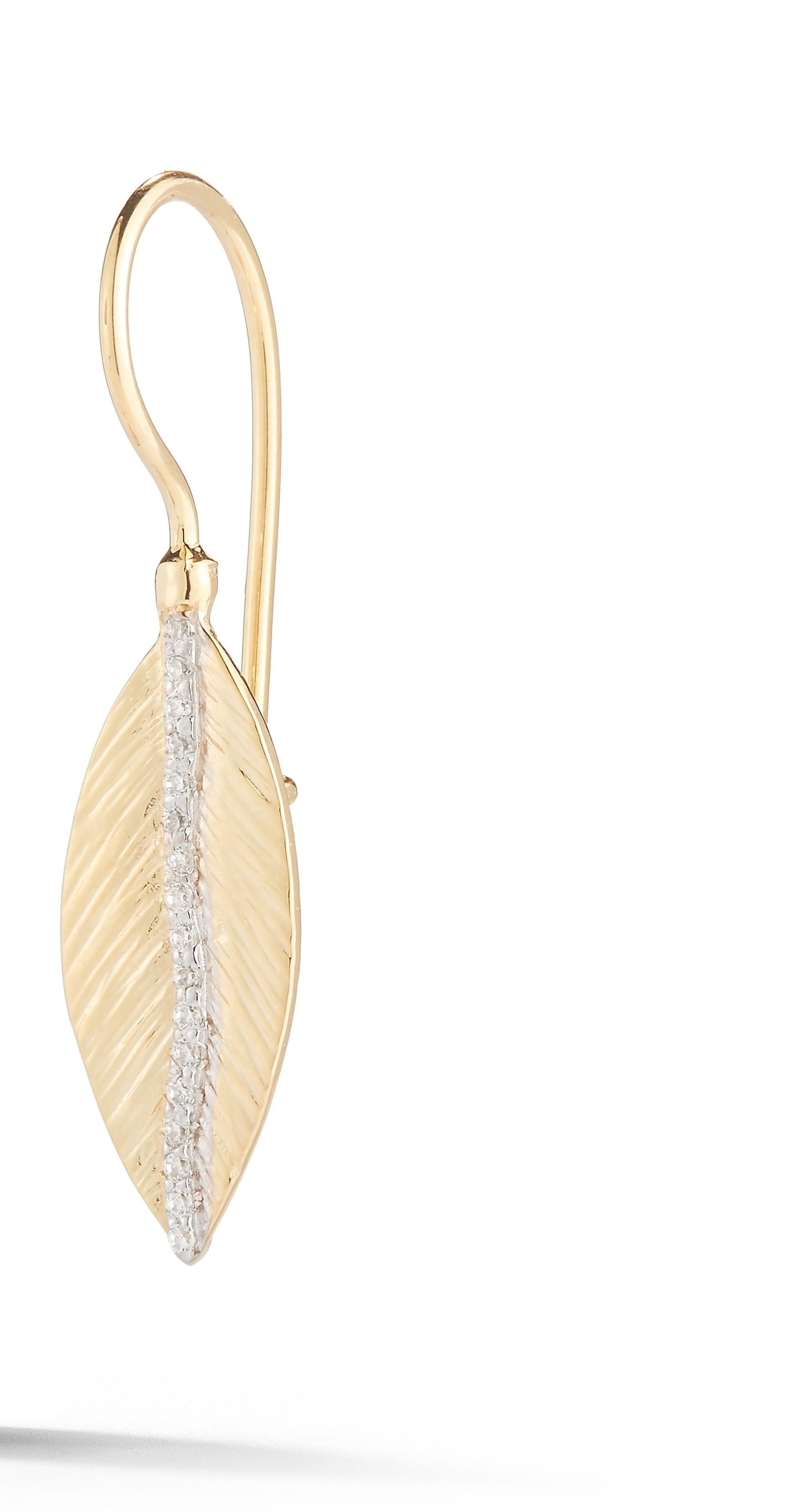 14 Karat Yellow Gold Hand-Crafted Polish-Finished Drop Feathr Earrings, Accented with 0.17 Carats of Pave Set Diamond Veins and French-Hook Wire Closures.
