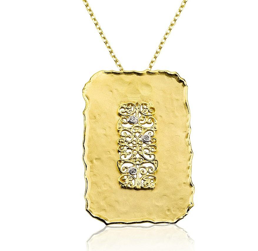 14 Karat Yellow Gold Hand-Crafted Matte and Hammer-Finished Scallop-Edged Filigree Pendant, Accented with 0.02 Carats of Bezel Set Diamonds, and Sliding on a 16