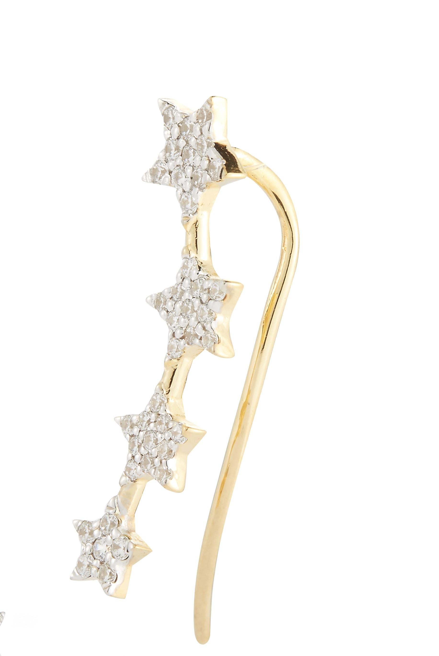 14 Karat Yellow Gold Hand-Crafted Polish-Finished Star Climber Earrings, Enhanced with 0.60 Carats of Graduating Diamond Stars.
