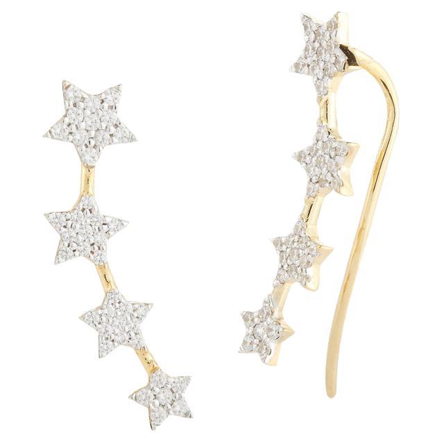 Hand-Crafted 14 Karat Yellow Gold Graduating Diamond Star Climber Earrings For Sale