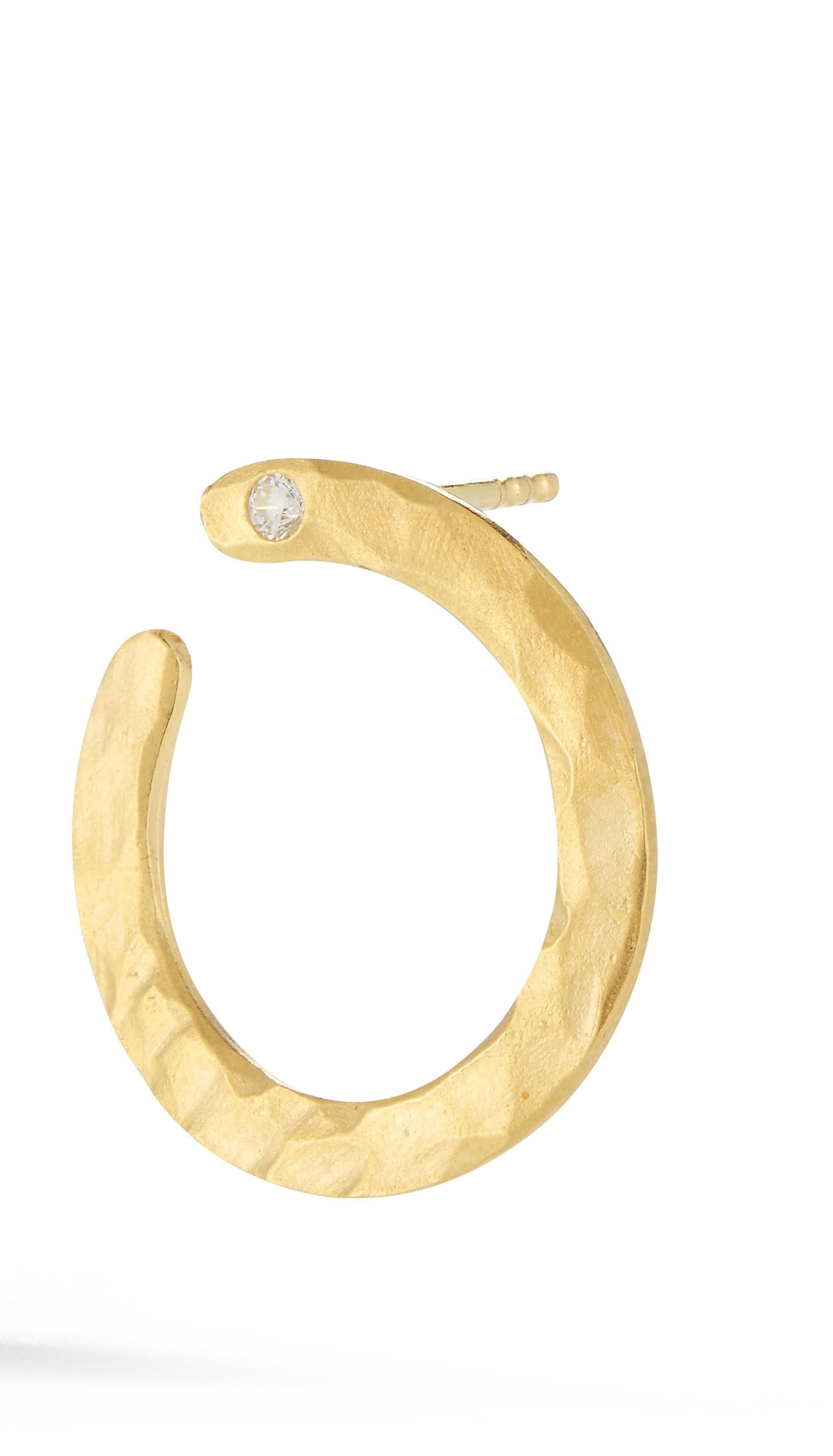 14 Karat Yellow Gold Hand-Crafted Matte and Hammer-Finished Half-Circle Earrings, Accented with 0.04 Carats of Burnish-Set Diamonds and a Post-with-Friction Closure.
