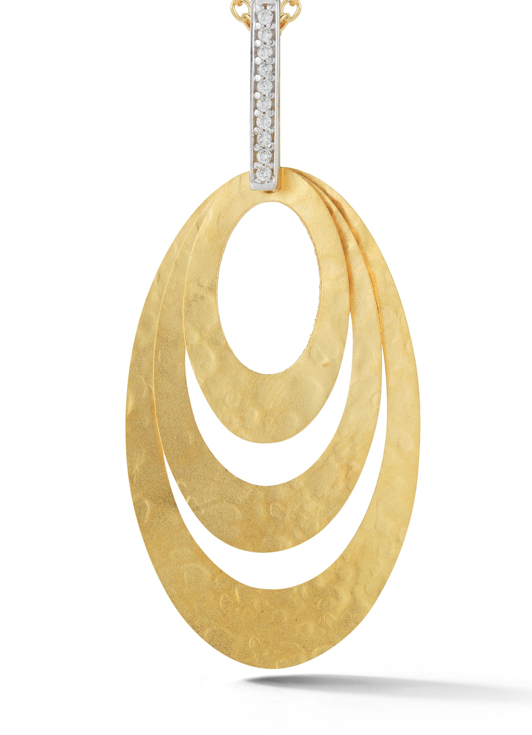 14 Karat Yellow Gold Matte and Hammered-Finished Movable Concentric-Ovals Pendant, Accented with 0.06 Carats of a Pave Set Diamond Extender, Sliding on a 16