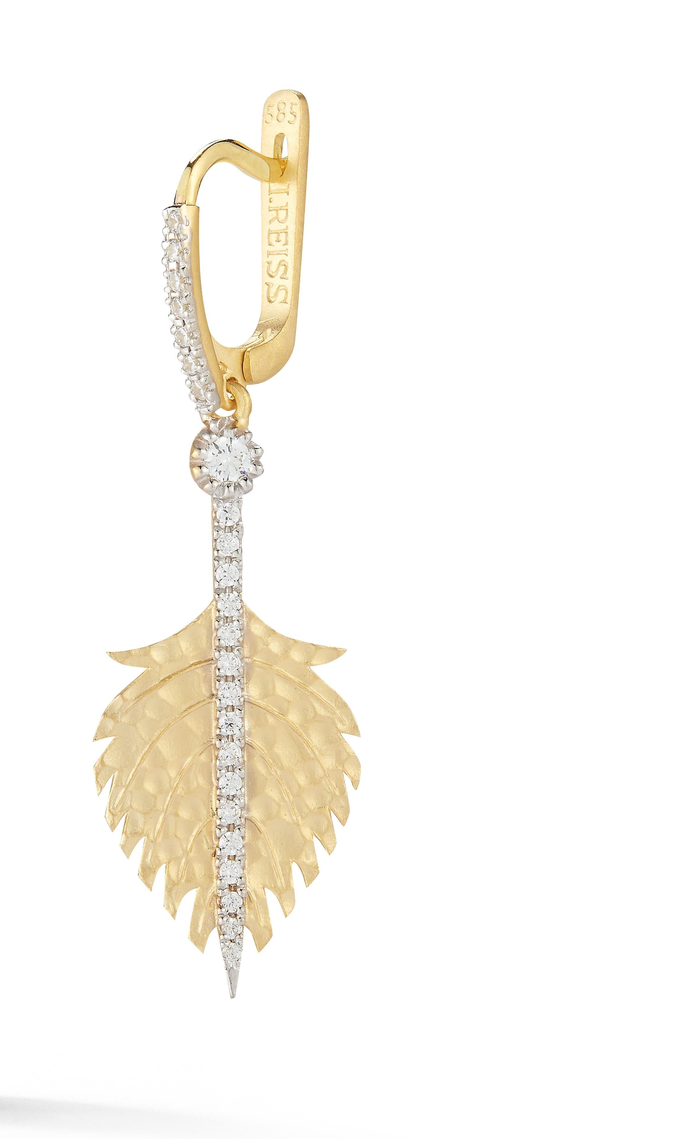14 Karat Yellow Gold Hand-Crafted Matte and Hammer-Finished Dangling Feather Earrings, Accented with 0.45 Carats of Pave Set Diamonds on a Lever Back Closure.
